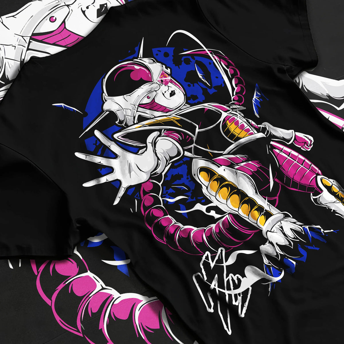 Black T-shirt flat back view showing Frieza from Dragon Ball: final form portrait