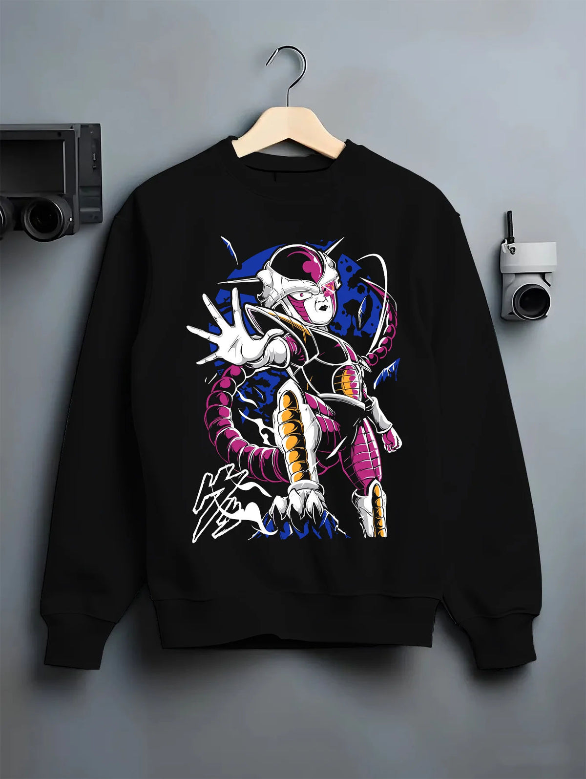 Black crewneck sweatshirt on hanger showing Frieza from Dragon Ball: final form portrait