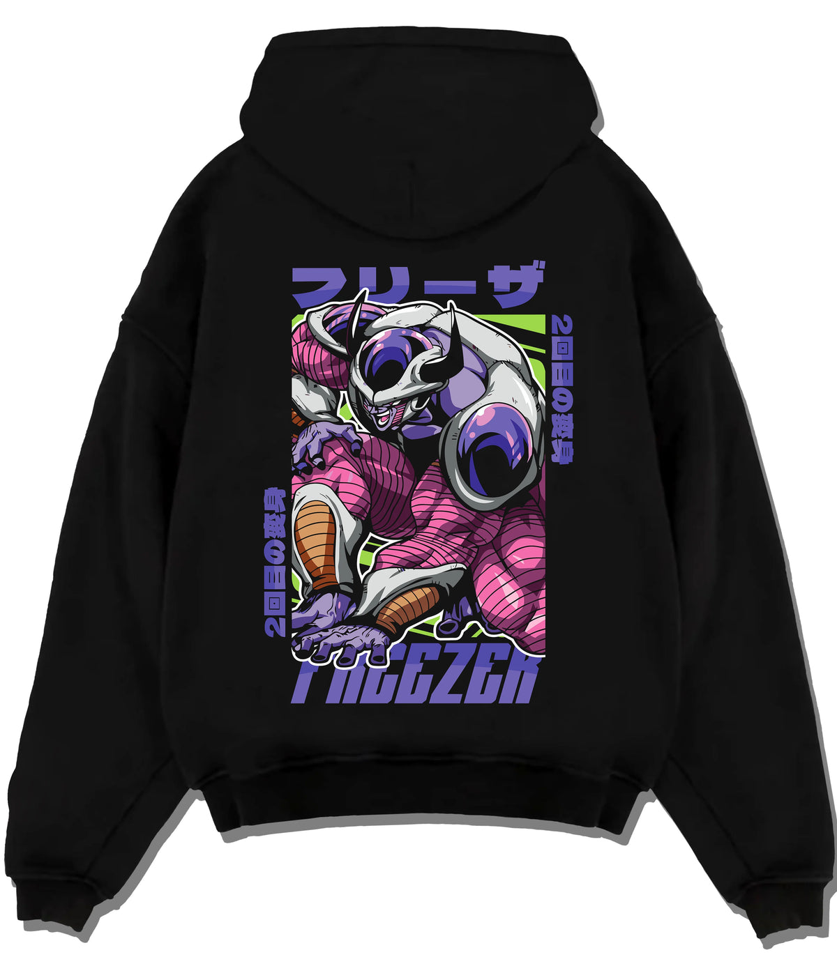 Black hoodie flat back view with Frieza transformation / multiple forms from Dragon Ball illustrated back graphic