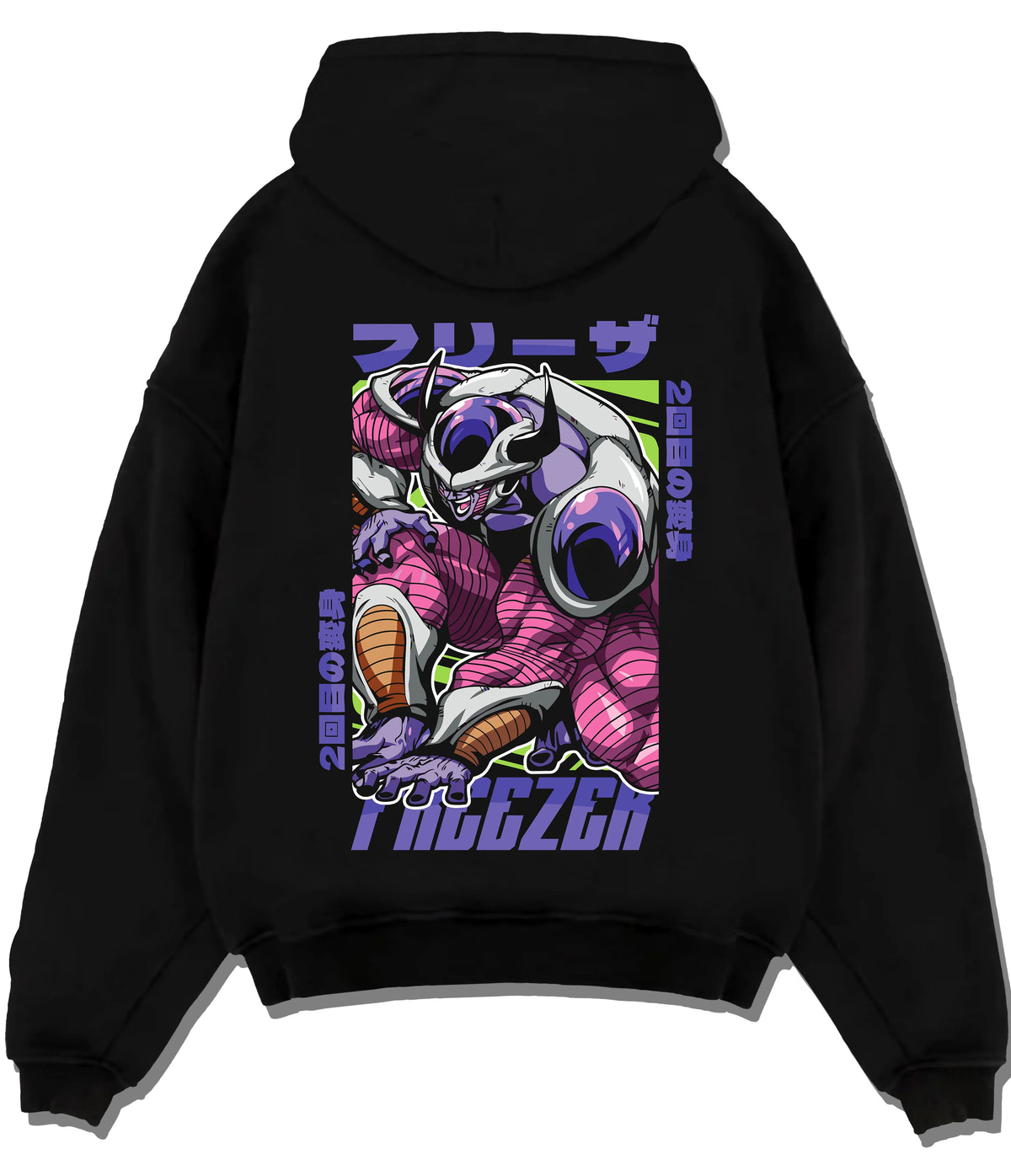Black hoodie flat back view with Frieza transformation / multiple forms from Dragon Ball illustrated back graphic