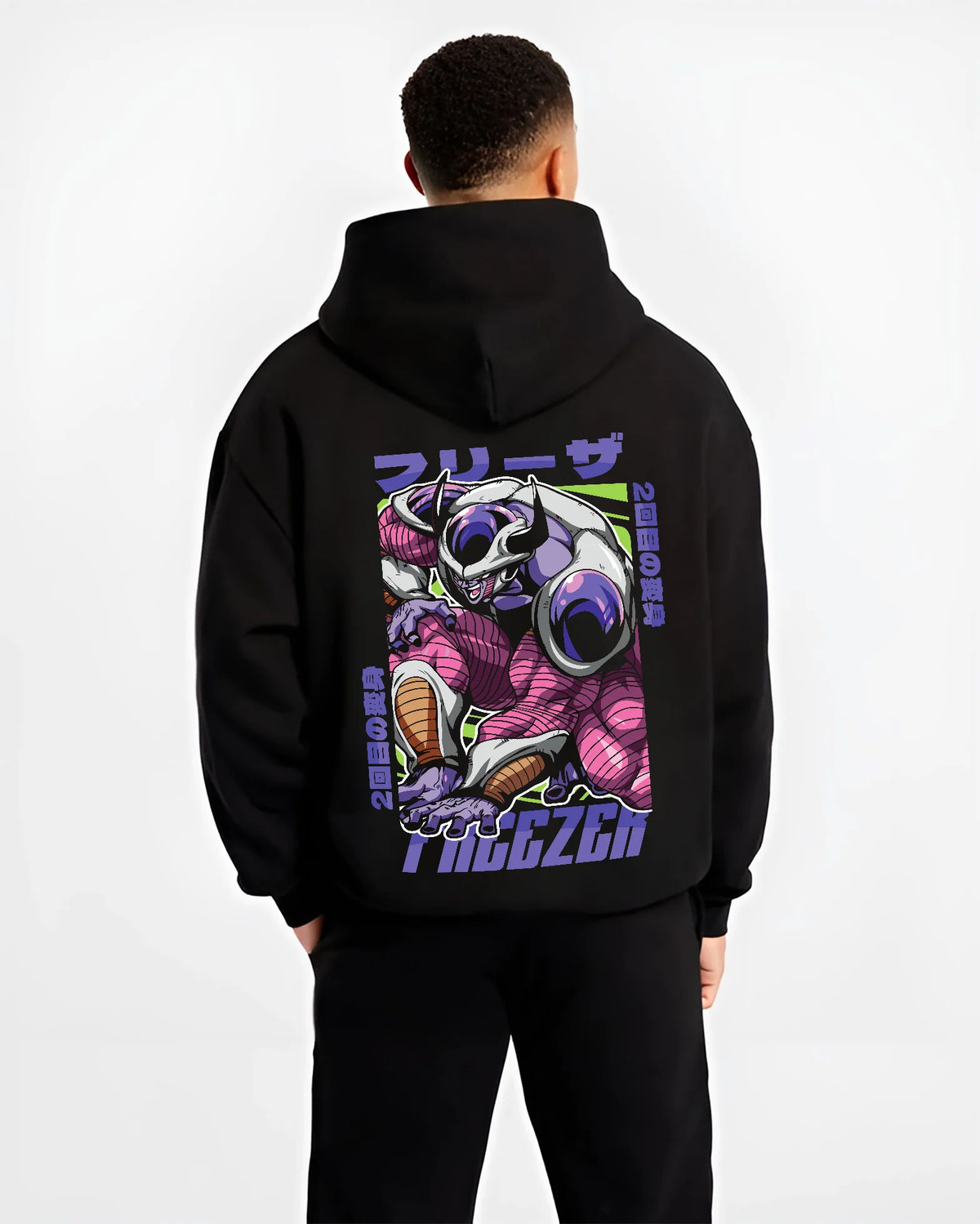 Black hoodie model back view with Frieza transformation / multiple forms from Dragon Ball illustrated back graphic