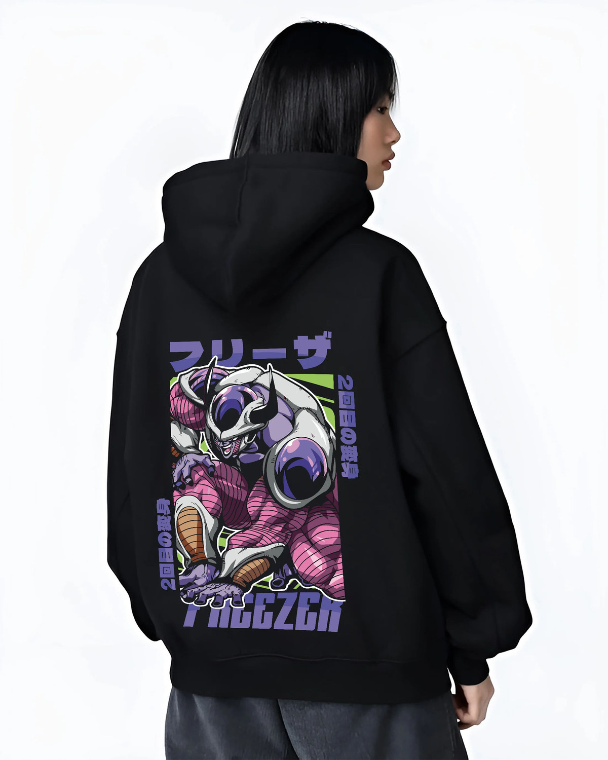 Black hoodie female model back view with Frieza transformation / multiple forms from Dragon Ball illustrated back graphic