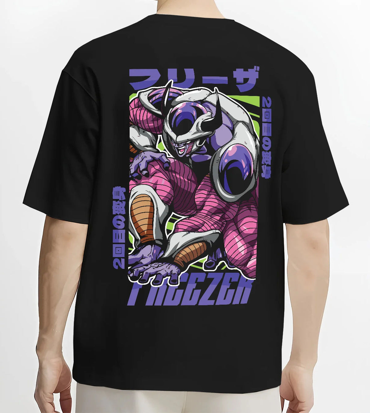 Black T-shirt model back view with Frieza transformation / multiple forms from Dragon Ball illustrated back graphic