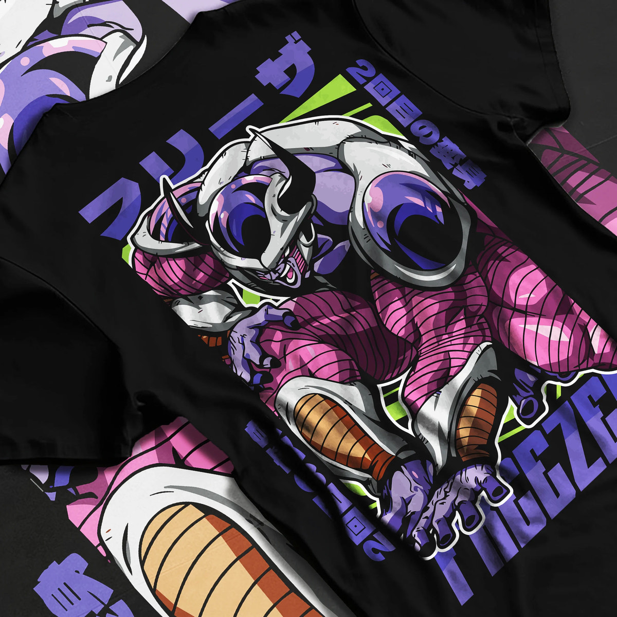 Black T-shirt flat back view with Frieza transformation / multiple forms from Dragon Ball illustrated back graphic