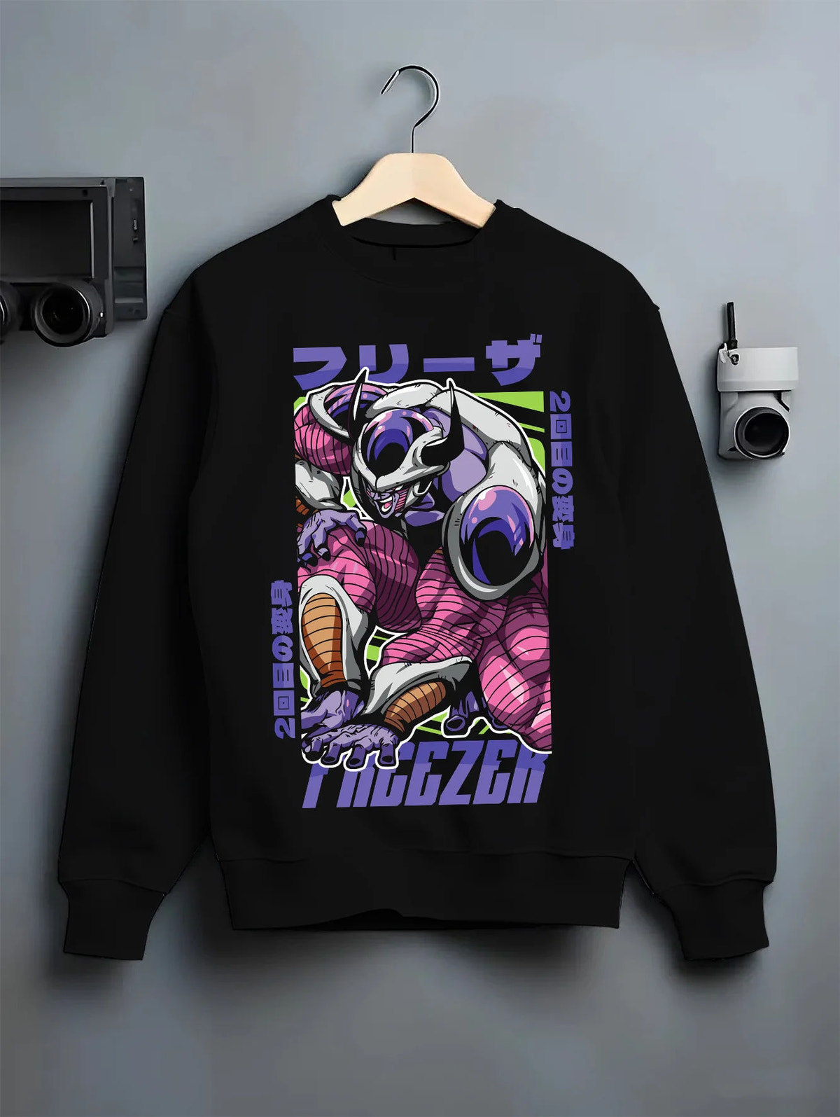 Black crewneck sweatshirt on hanger with Frieza transformation / multiple forms from Dragon Ball illustrated back graphic