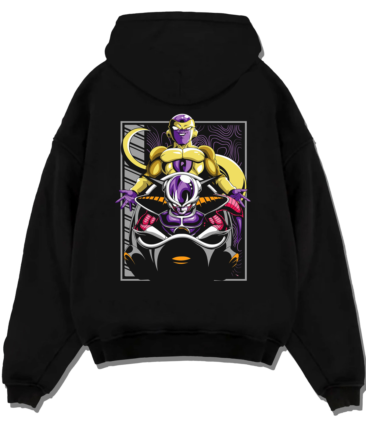 Black hoodie flat back view with Frieza transformation silhouettes from Dragon Ball illustrated back graphic