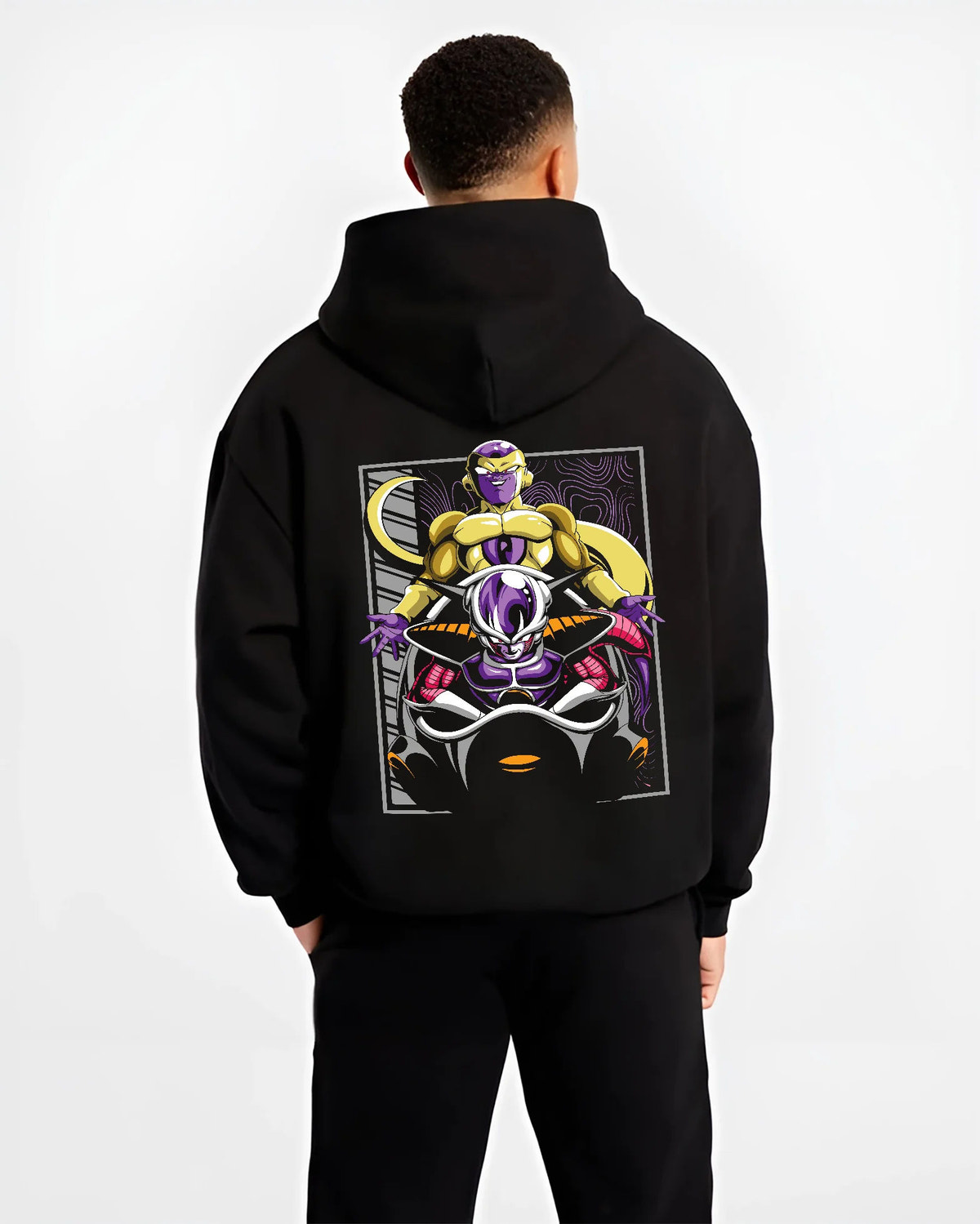 Black hoodie model back view with Frieza transformation silhouettes from Dragon Ball illustrated back graphic