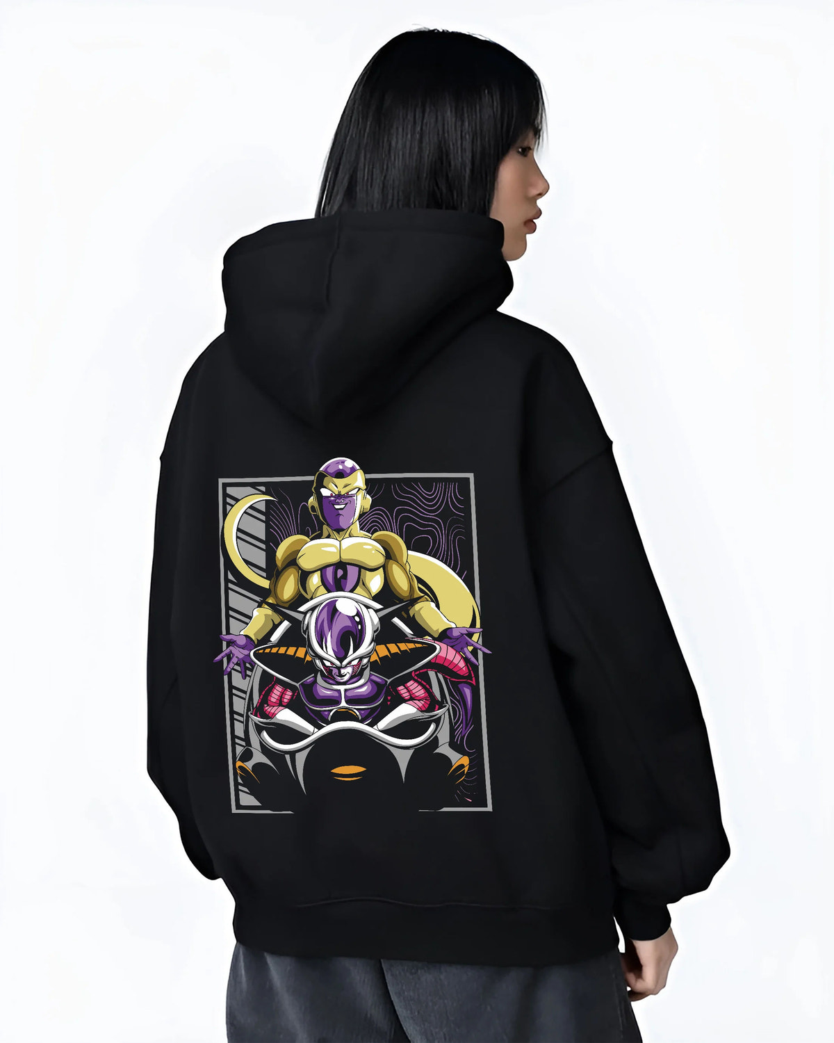 Black hoodie female model back view with Frieza transformation silhouettes from Dragon Ball illustrated back graphic