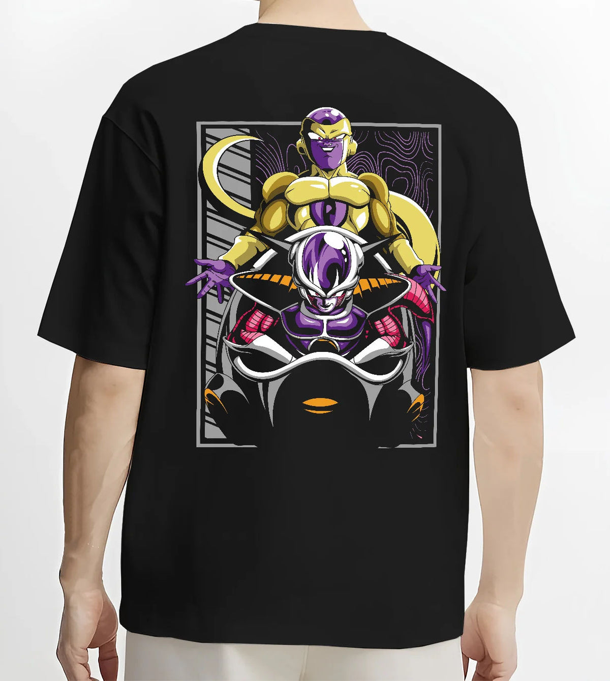 Black T-shirt model back view with Frieza transformation silhouettes from Dragon Ball illustrated back graphic
