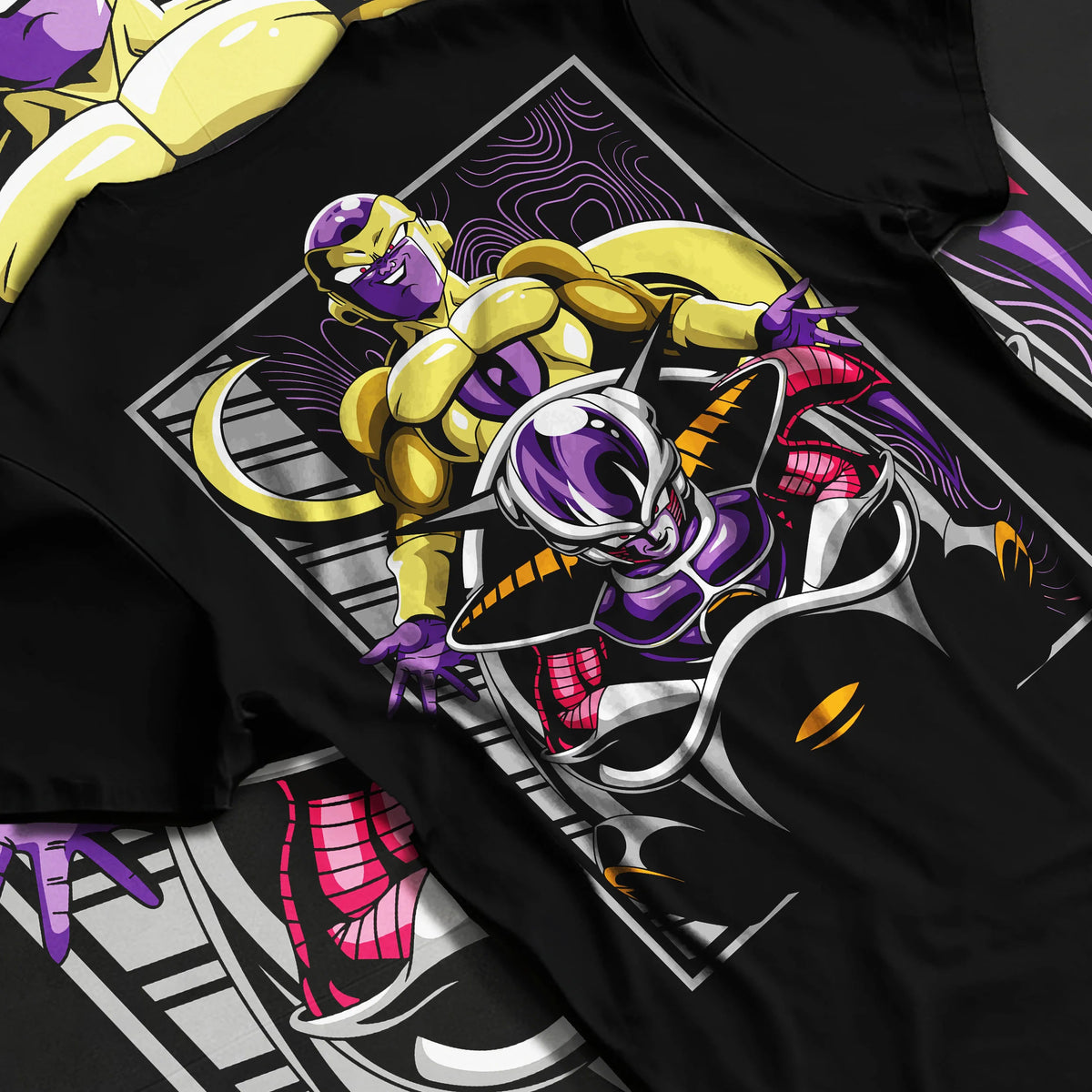 Black T-shirt flat back view with Frieza transformation silhouettes from Dragon Ball illustrated back graphic
