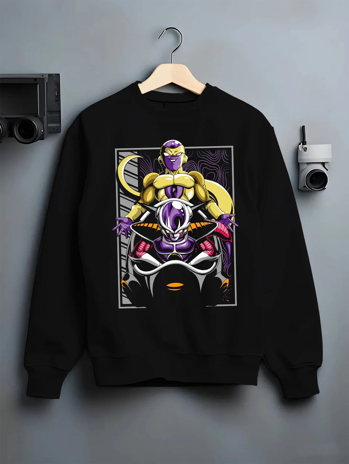 Black crewneck sweatshirt on hanger with Frieza transformation silhouettes from Dragon Ball illustrated back graphic