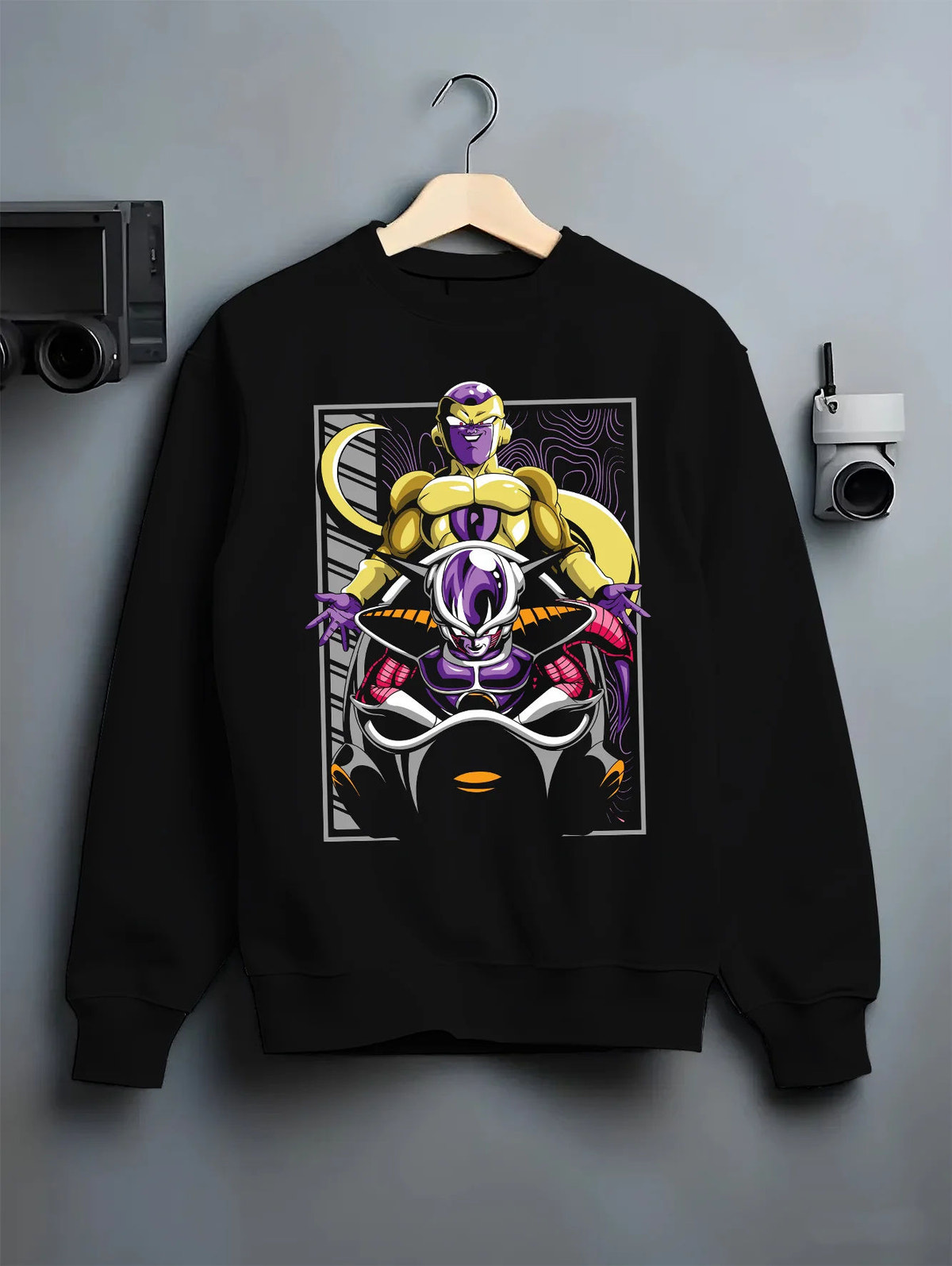 Black crewneck sweatshirt on hanger with Frieza transformation silhouettes from Dragon Ball illustrated back graphic