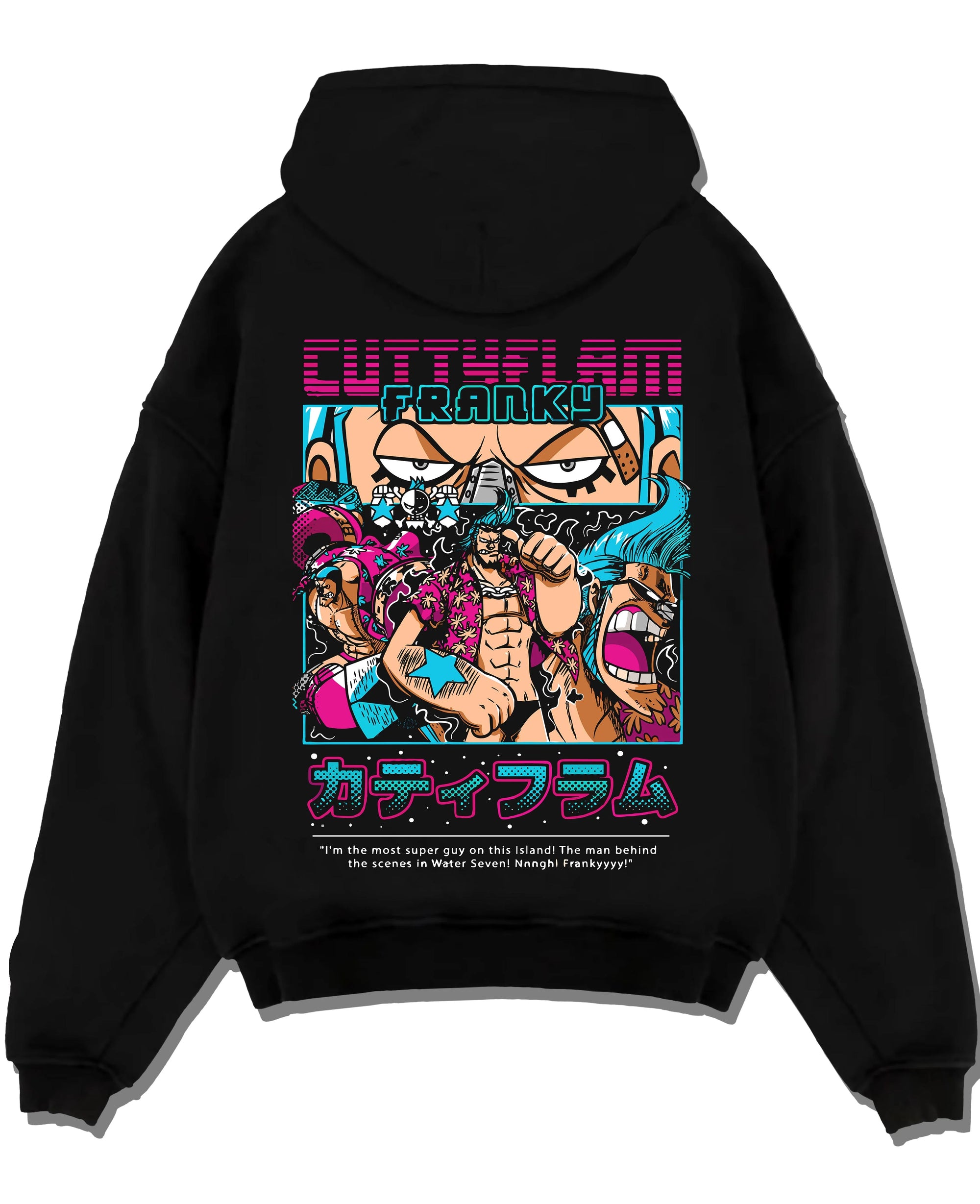Black pullover hoodie laid flat with Franky Hoodie One Piece Cyborg Cola Power Burst graphic Franky anime design.