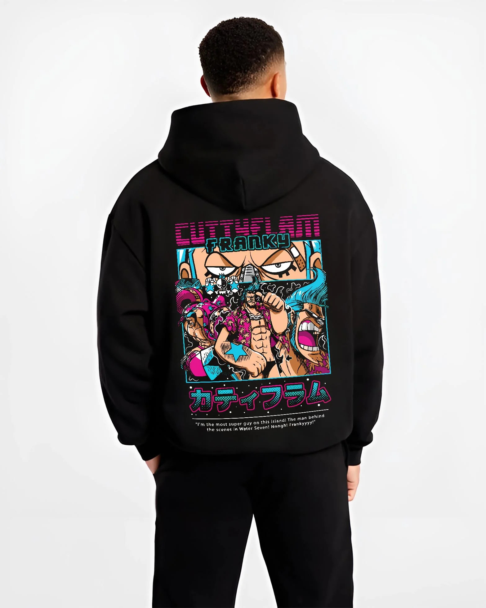 Black hoodie worn by male model, back view with Franky Hoodie One Piece Cyborg Cola Power Burst graphic streetwear graphic.