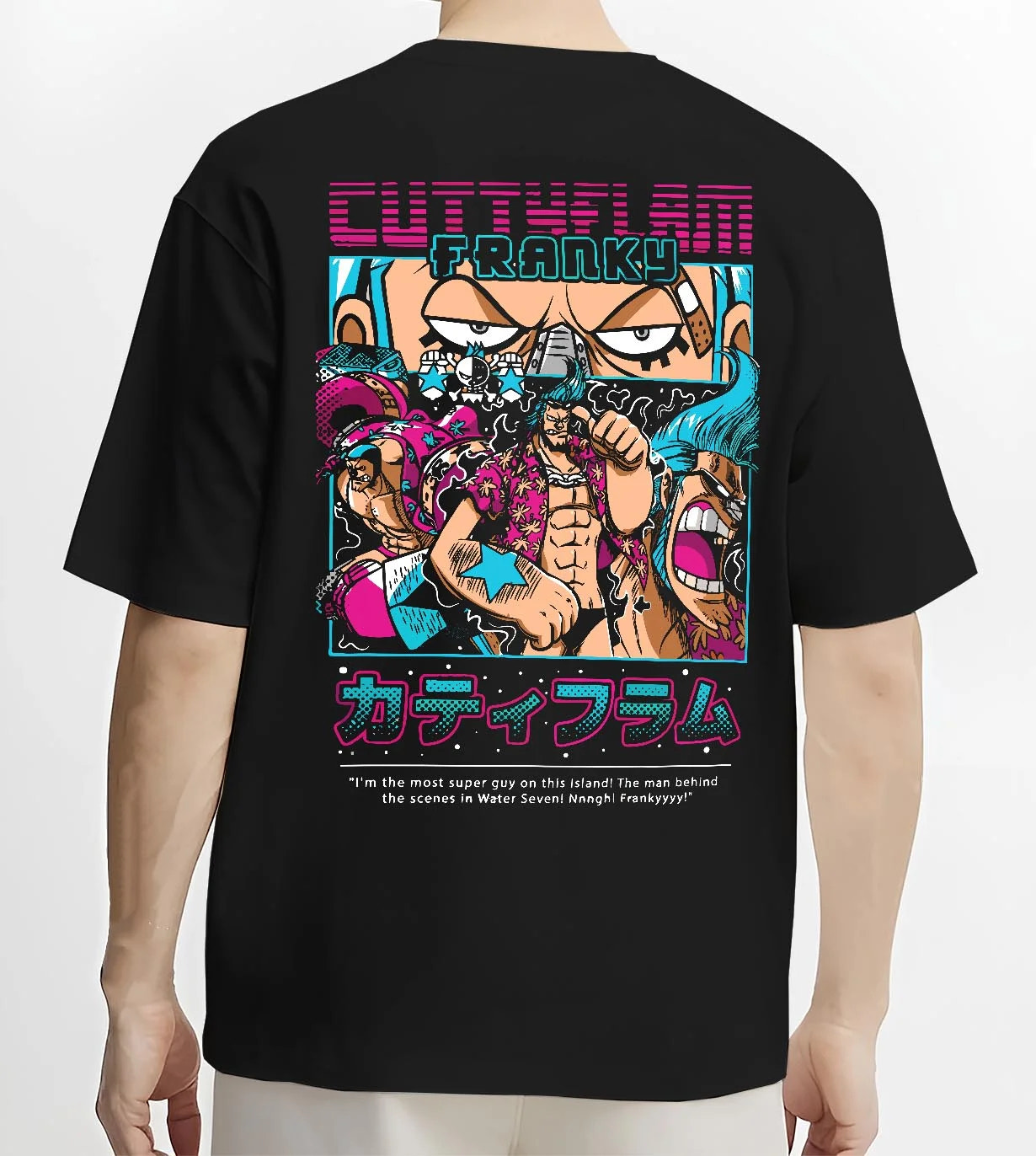 Black T-shirt worn by male model, back view with Franky Hoodie One Piece Cyborg Cola Power Burst graphic Franky anime design.