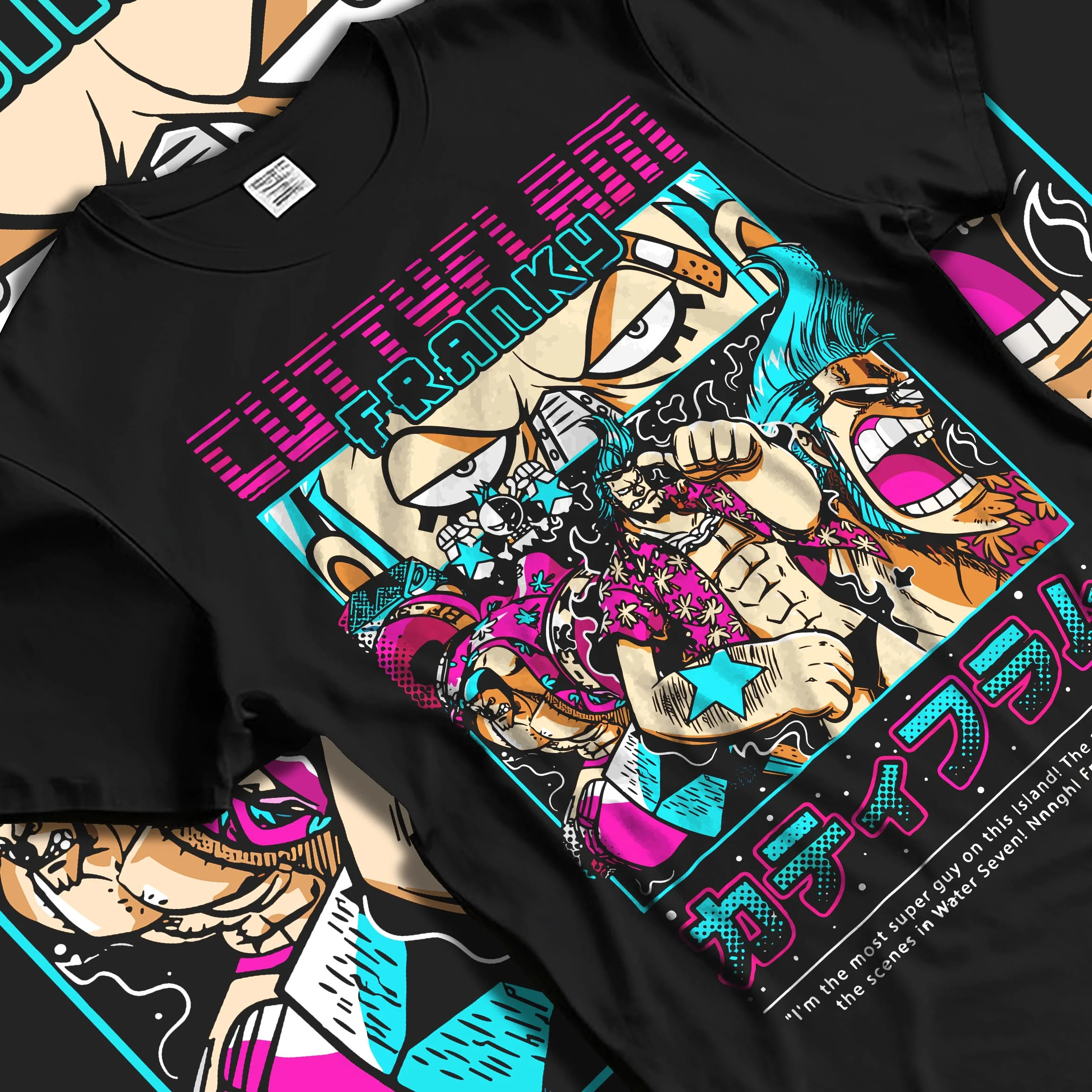 Black T-shirt laid flat with natural folds with Franky Hoodie One Piece Cyborg Cola Power Burst graphic bold anime graphic.