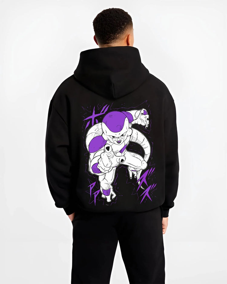 Black hoodie worn by male model, back view with Frieza Hoodie Dragon Ball Z First Form Classic graphic Frieza anime design.