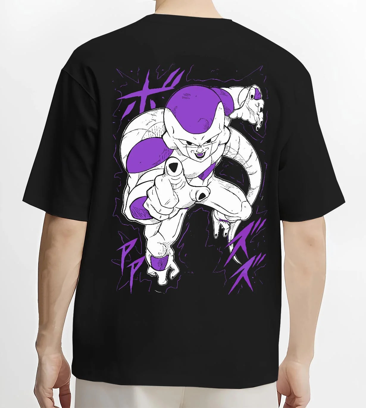 Black T-shirt worn by male model, back view with Frieza Hoodie Dragon Ball Z First Form Classic graphic bold anime graphic.