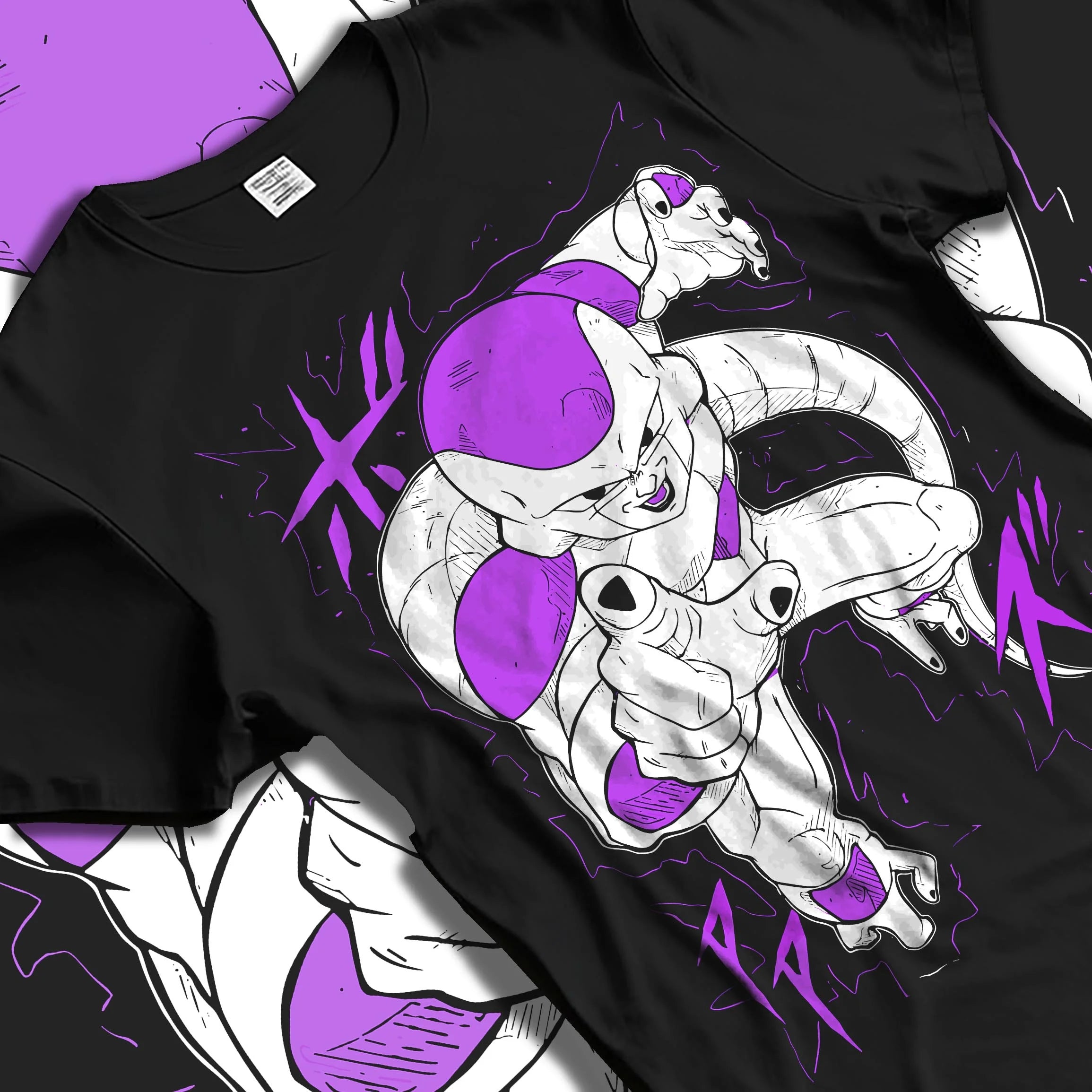 Black T-shirt laid flat with natural folds with Frieza Hoodie Dragon Ball Z First Form Classic graphic Frieza anime design.