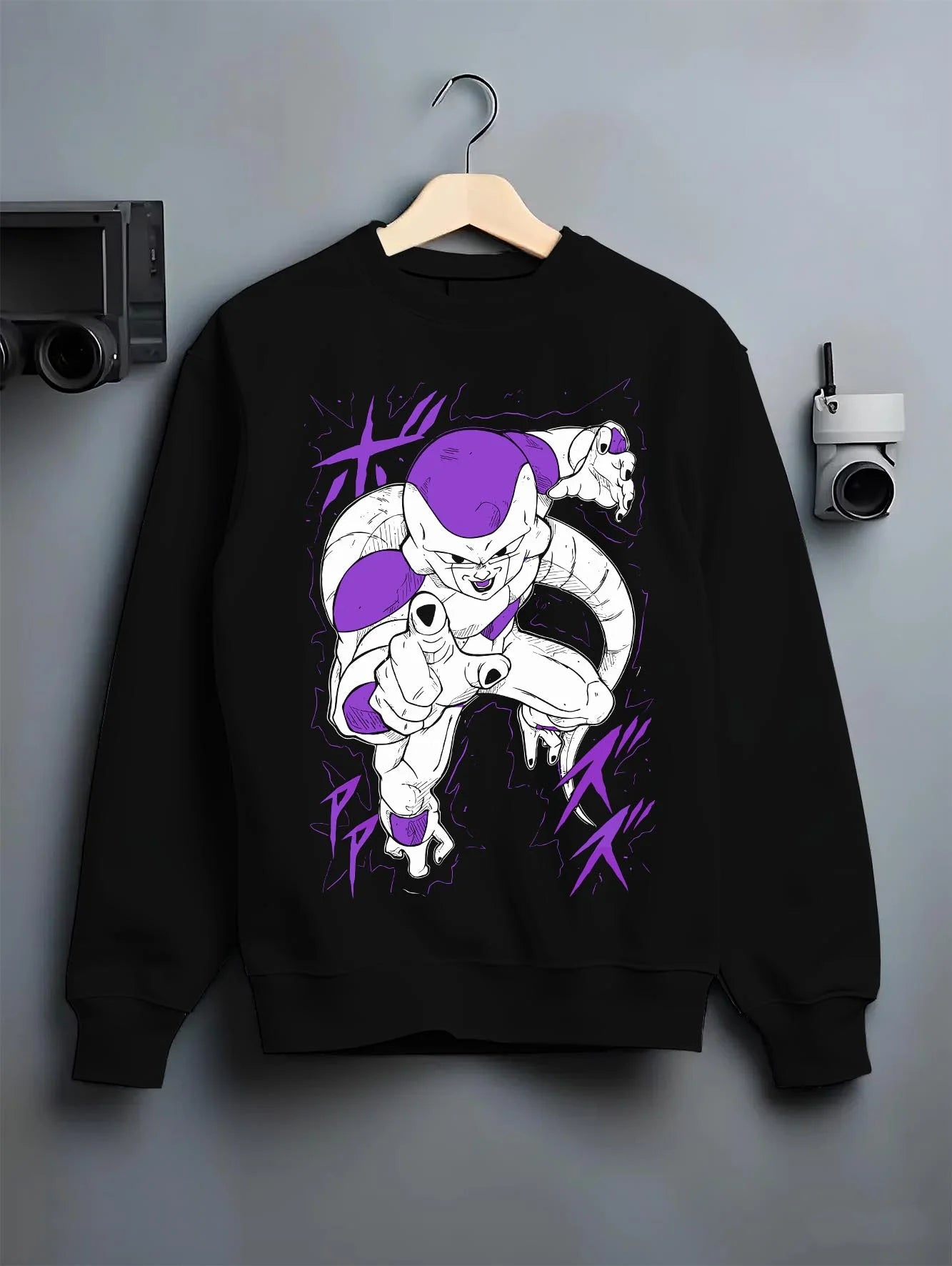 Black crewneck sweatshirt on hanger with Frieza Hoodie Dragon Ball Z First Form Classic graphic streetwear graphic.