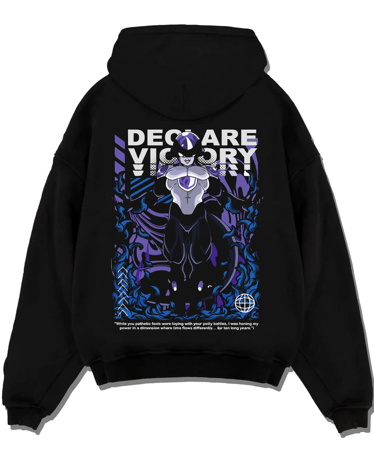 Black pullover hoodie laid flat with Frieza Hoodie Dragon Ball Z Declare Victory Art graphic premium wear.
