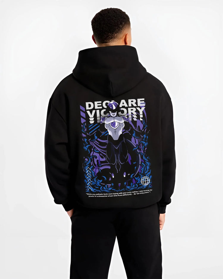 Black hoodie worn by male model, back view with Frieza Hoodie Dragon Ball Z Declare Victory Art graphic bold anime graphic.