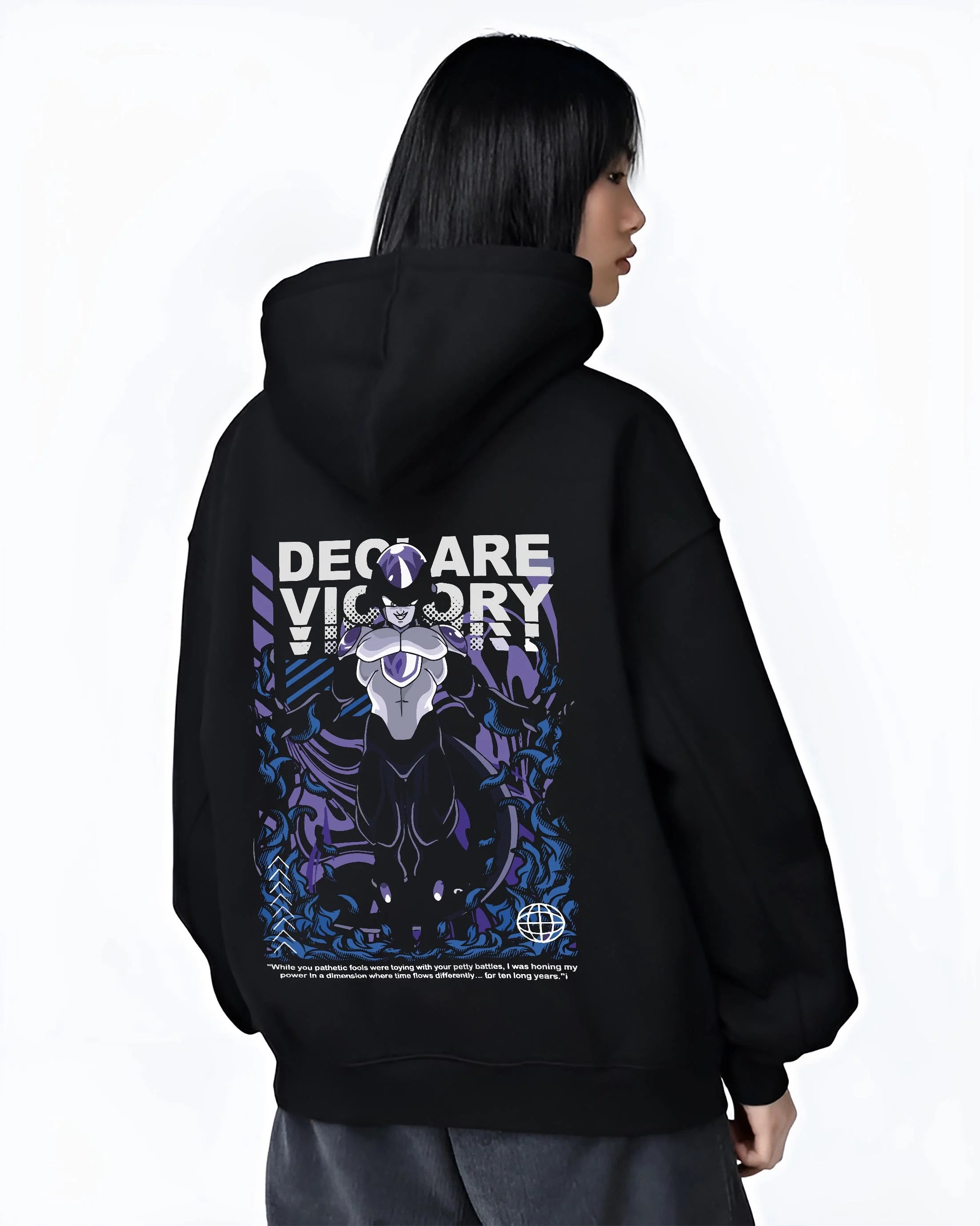 Black hoodie worn by female model, back view with Frieza Hoodie Dragon Ball Z Declare Victory Art graphic bold anime graphic.