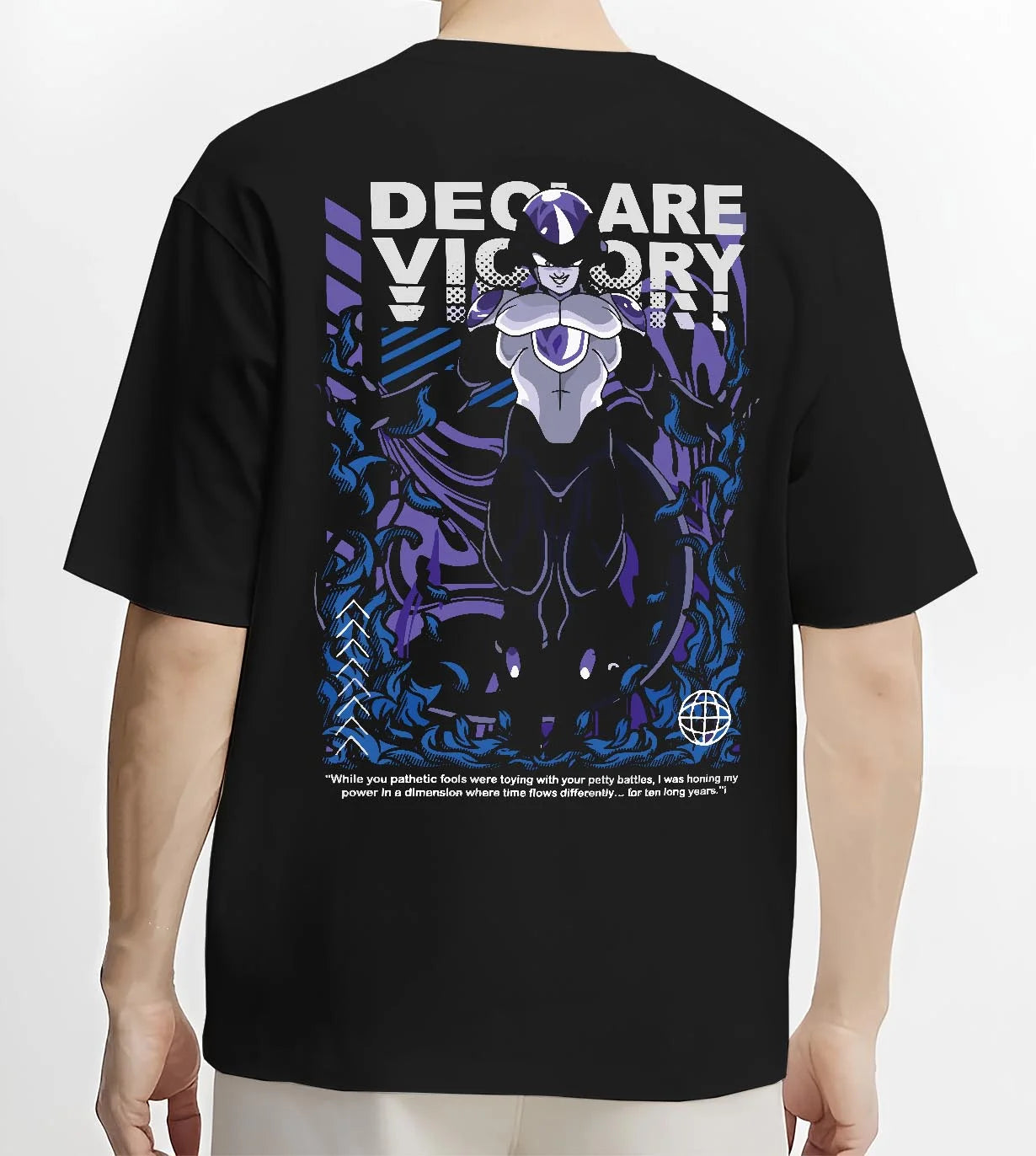 Black T-shirt worn by male model, back view with Frieza Hoodie Dragon Ball Z Declare Victory Art graphic bold anime graphic.