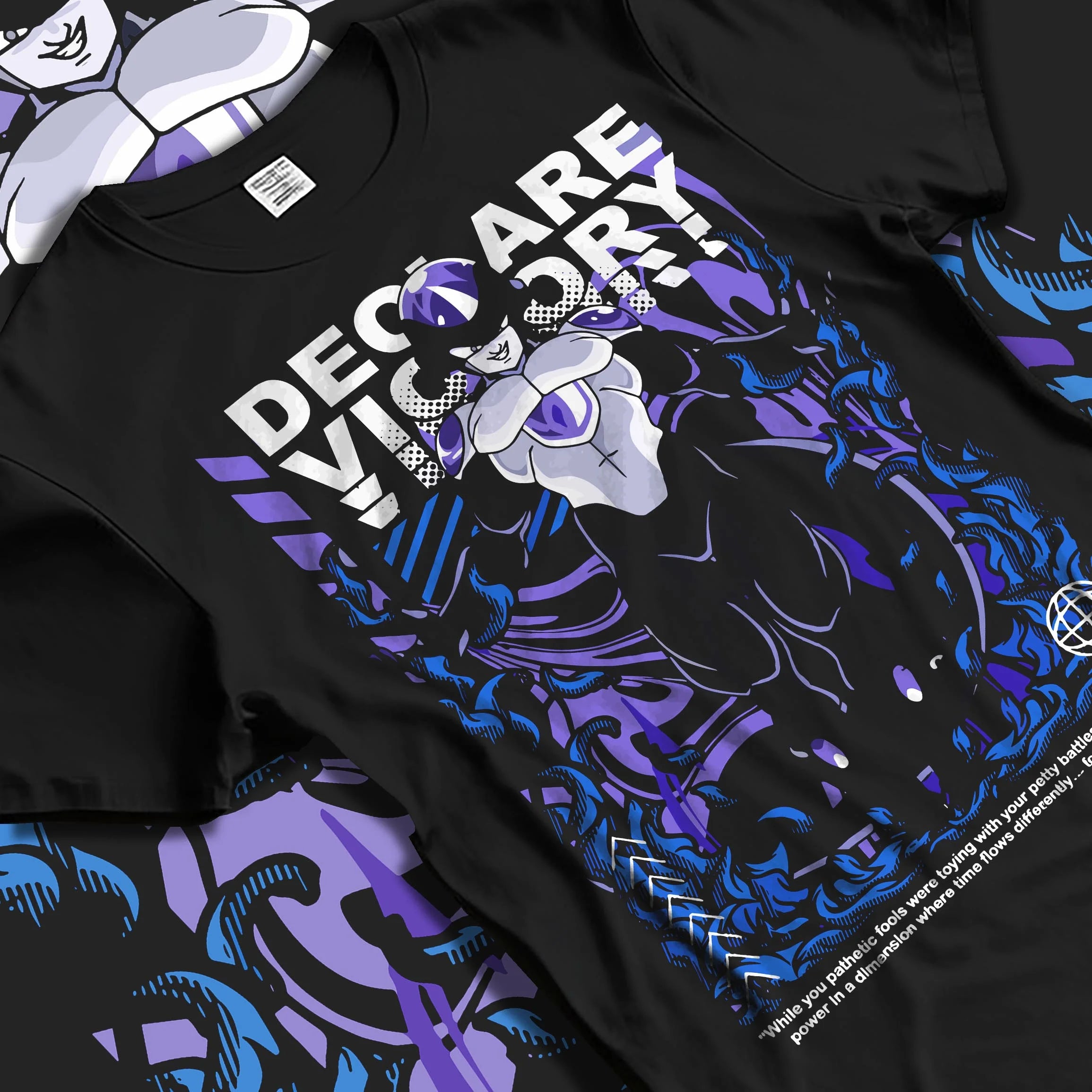 Black T-shirt laid flat with natural folds with Frieza Hoodie Dragon Ball Z Declare Victory Art graphic bold anime graphic.