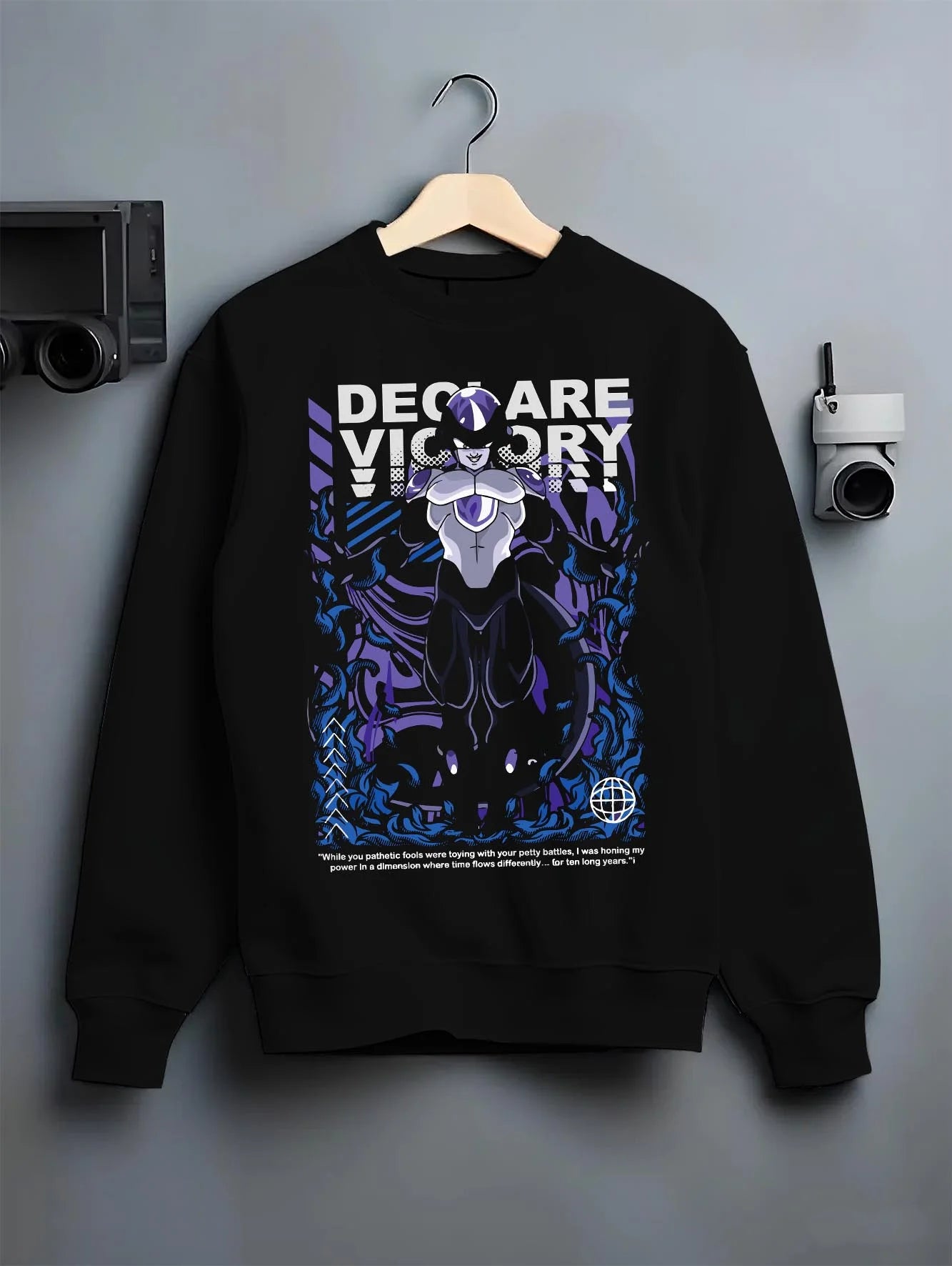 Black crewneck sweatshirt on hanger with Frieza Hoodie Dragon Ball Z Declare Victory Art graphic streetwear graphic.