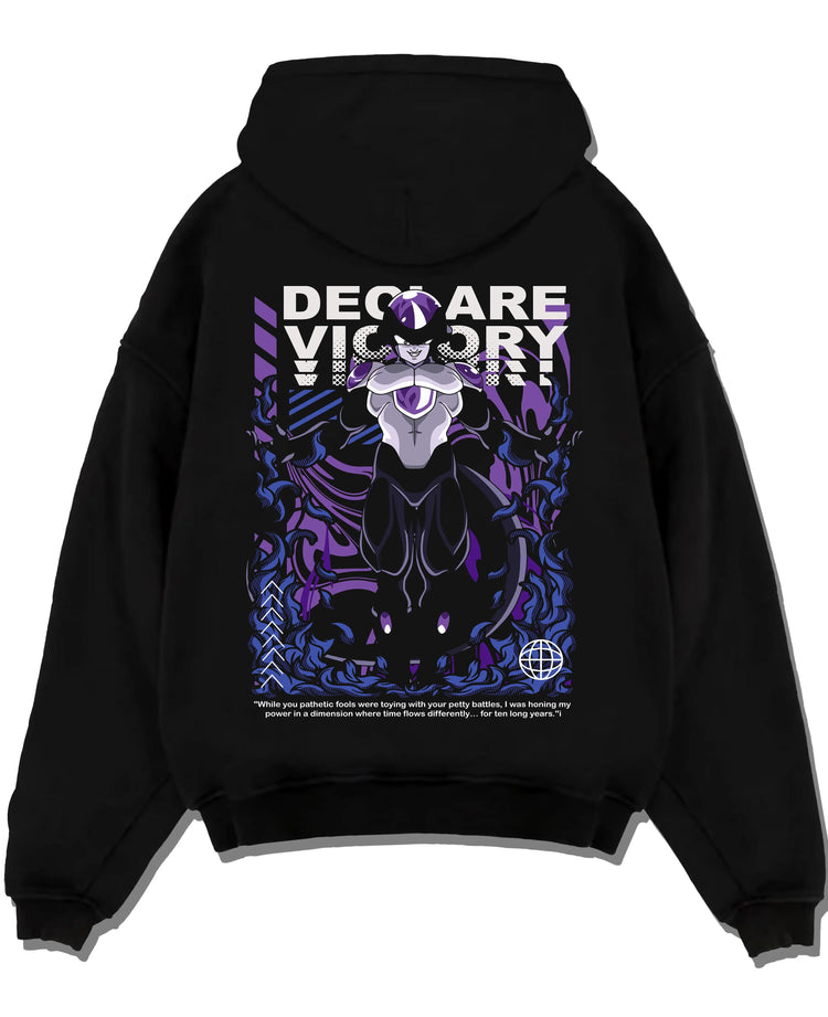 Black pullover hoodie laid flat with Frieza Hoodie Dragon Ball Z Emperor Declare Victory graphic premium wear.