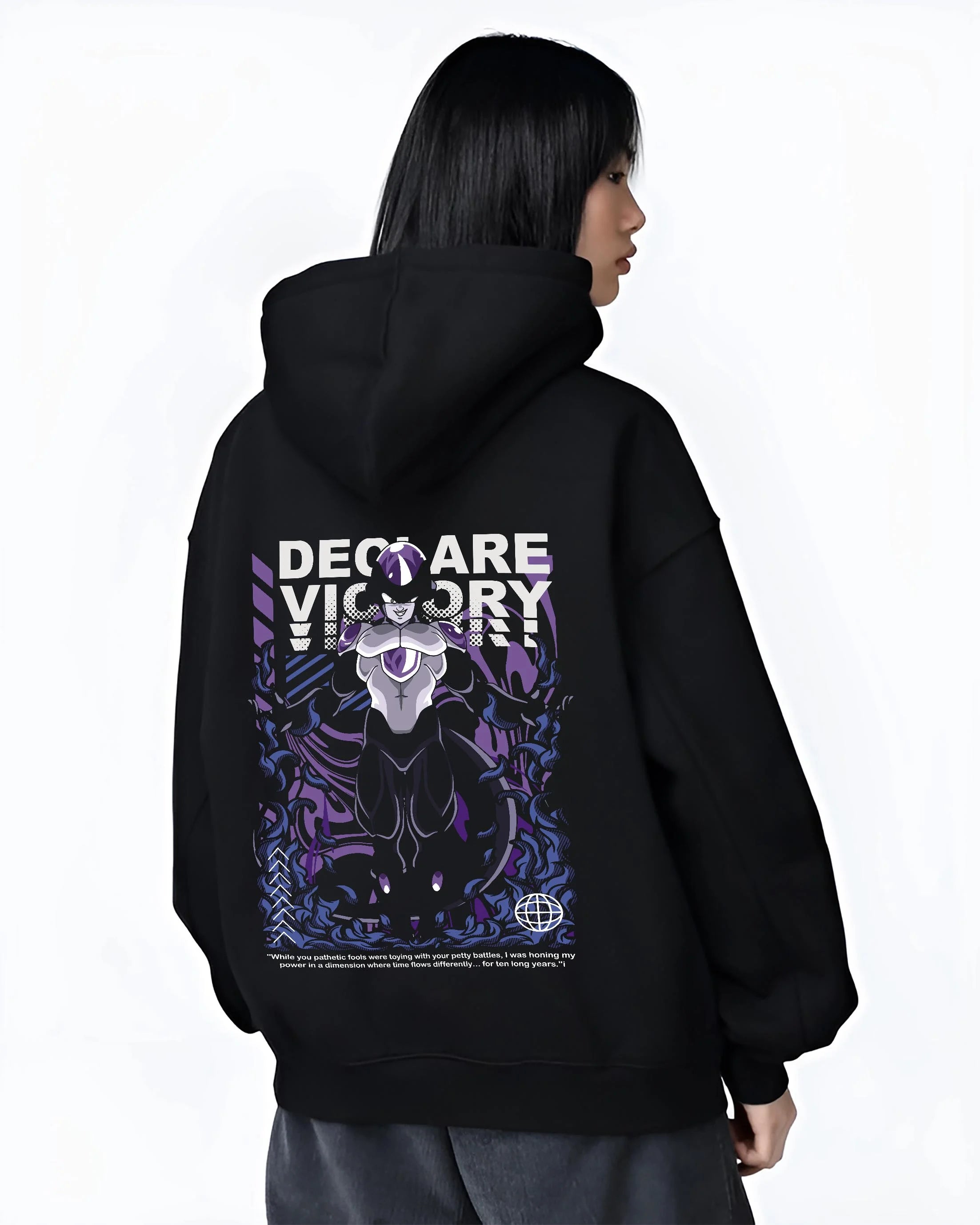 Black hoodie worn by female model, back view with Frieza Hoodie Dragon Ball Z Emperor Declare Victory graphic streetwear graphic.