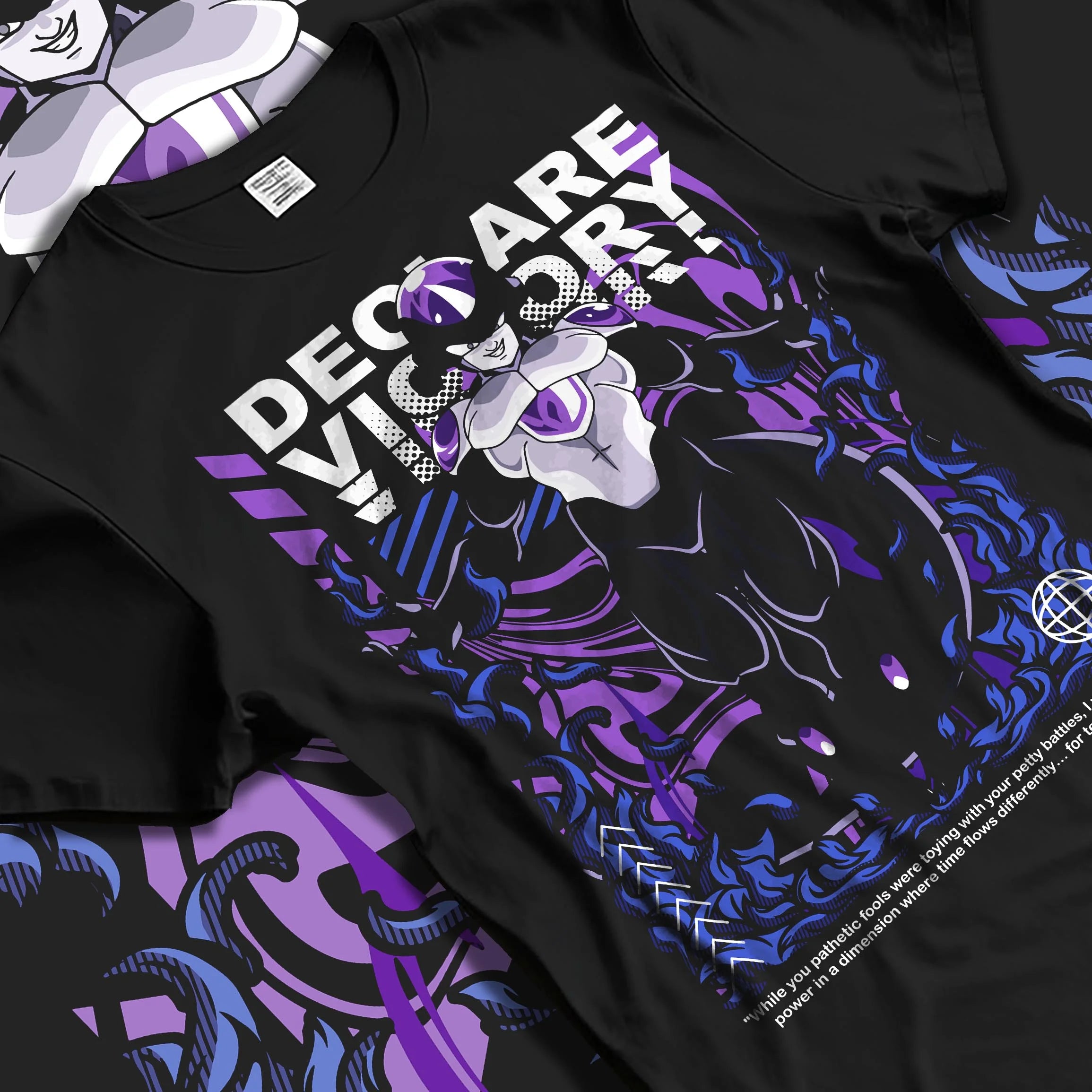 Black T-shirt laid flat with natural folds with Frieza Hoodie Dragon Ball Z Emperor Declare Victory graphic streetwear graphic.