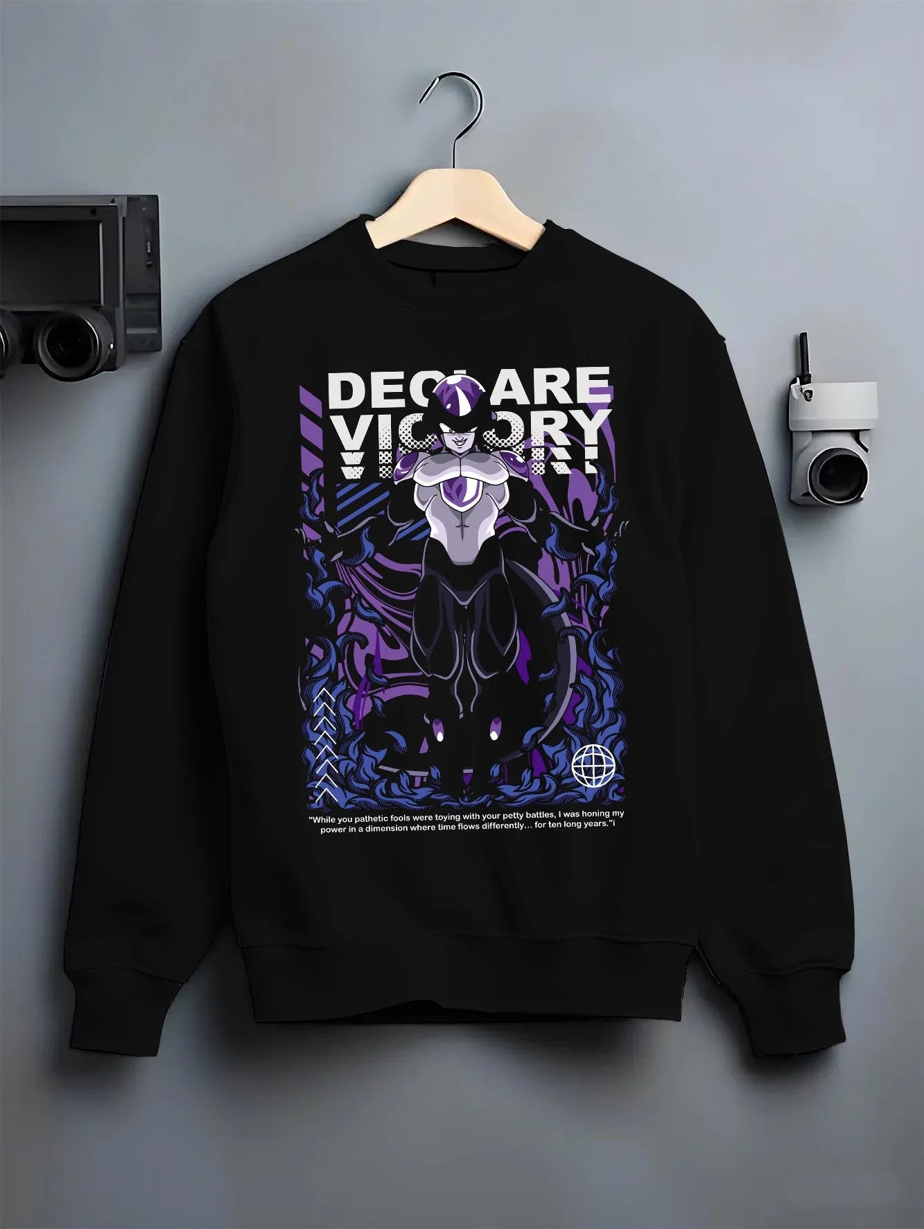 Black crewneck sweatshirt on hanger with Frieza Hoodie Dragon Ball Z Emperor Declare Victory graphic streetwear graphic.
