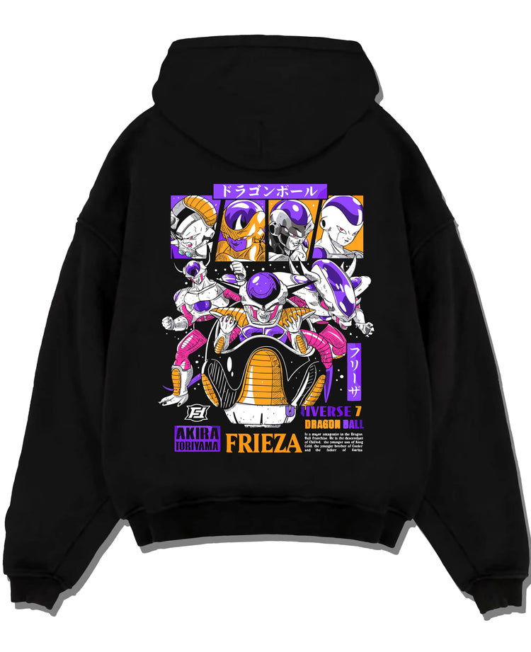 Black pullover hoodie laid flat with Frieza Hoodie Dragon Ball Z Emperor Golden Squad graphic premium wear.