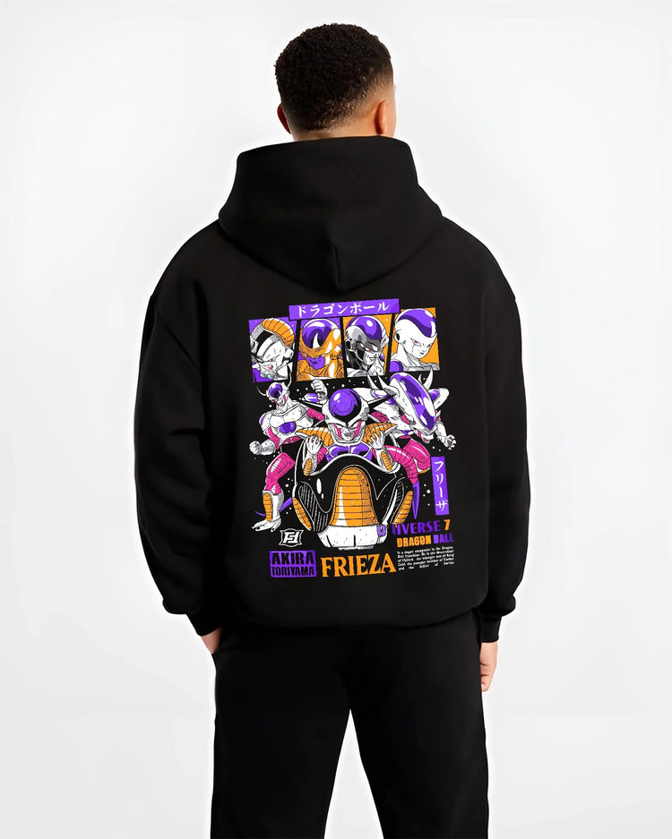 Black hoodie worn by male model, back view with Frieza Hoodie Dragon Ball Z Emperor Golden Squad graphic Frieza anime design.