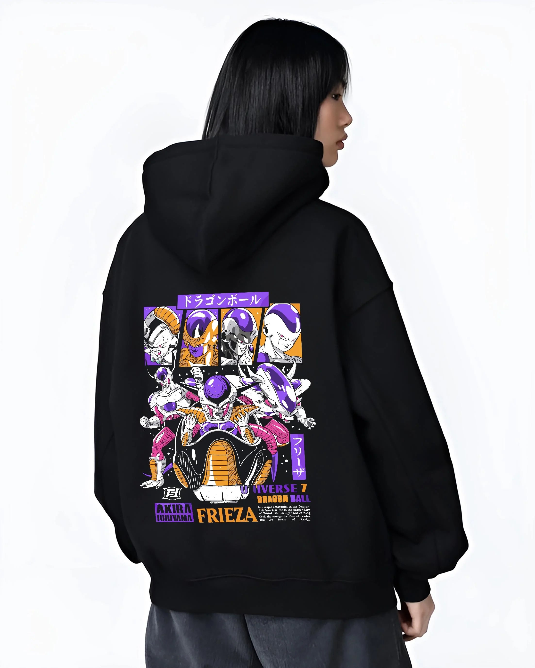 Black hoodie worn by female model, back view with Frieza Hoodie Dragon Ball Z Emperor Golden Squad graphic bold anime graphic.
