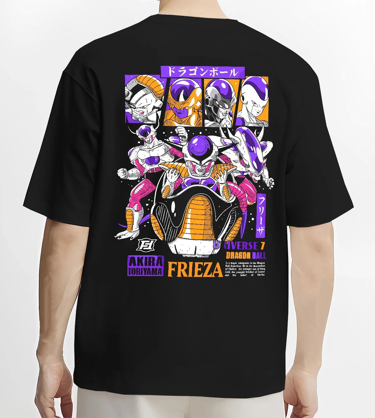 Black T-shirt worn by male model, back view with Frieza Hoodie Dragon Ball Z Emperor Golden Squad graphic bold anime graphic.
