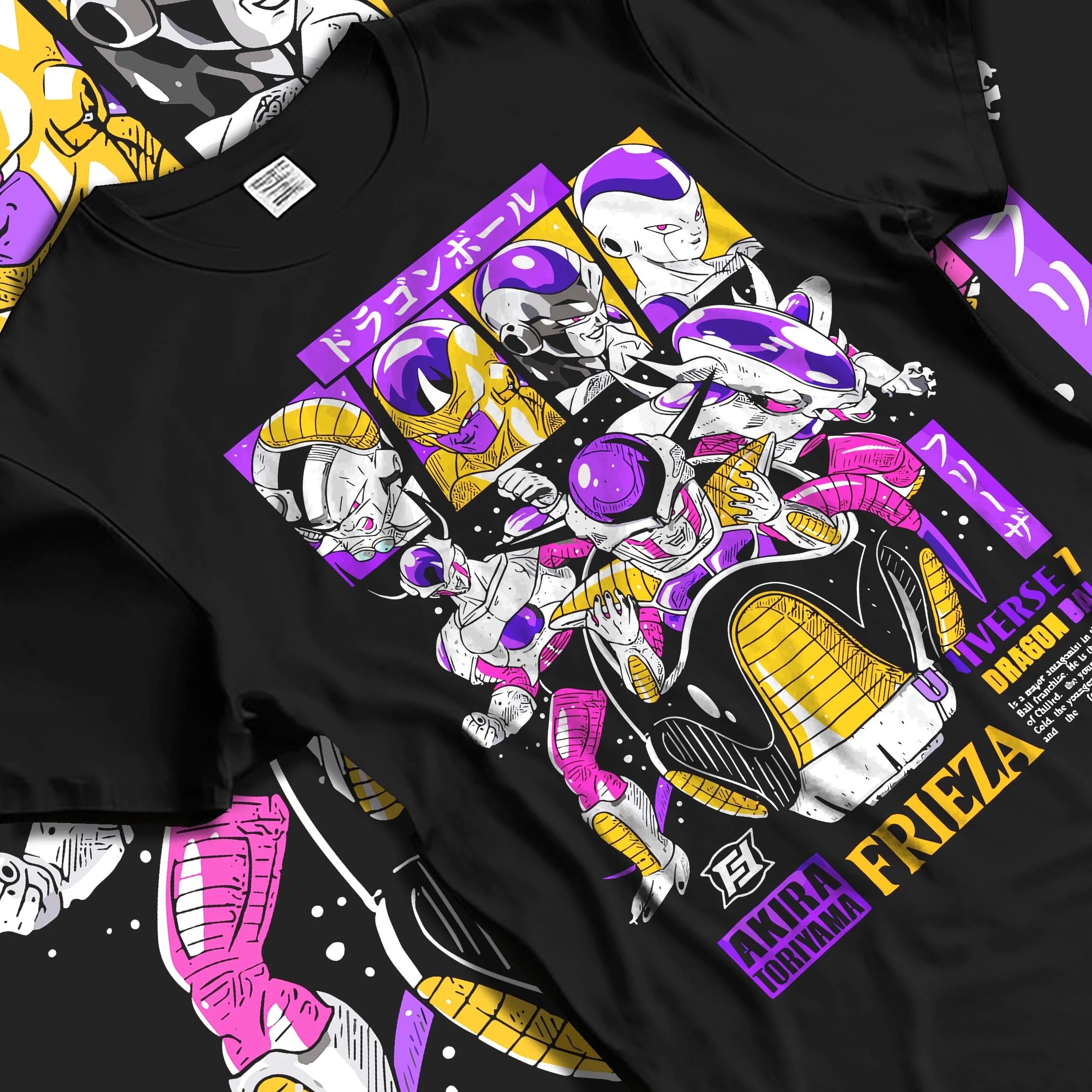 Black T-shirt laid flat with natural folds with Frieza Hoodie Dragon Ball Z Emperor Golden Squad graphic bold anime graphic.