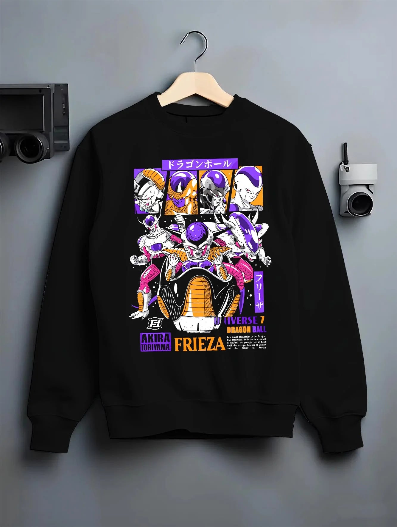 Black crewneck sweatshirt on hanger with Frieza Hoodie Dragon Ball Z Emperor Golden Squad graphic Frieza anime design.