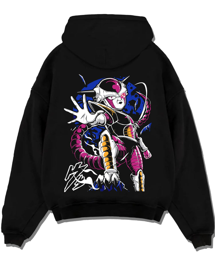 Black pullover hoodie laid flat with Frieza Hoodie Dragon Ball Z Final Form Energy Pose graphic Frieza anime design.