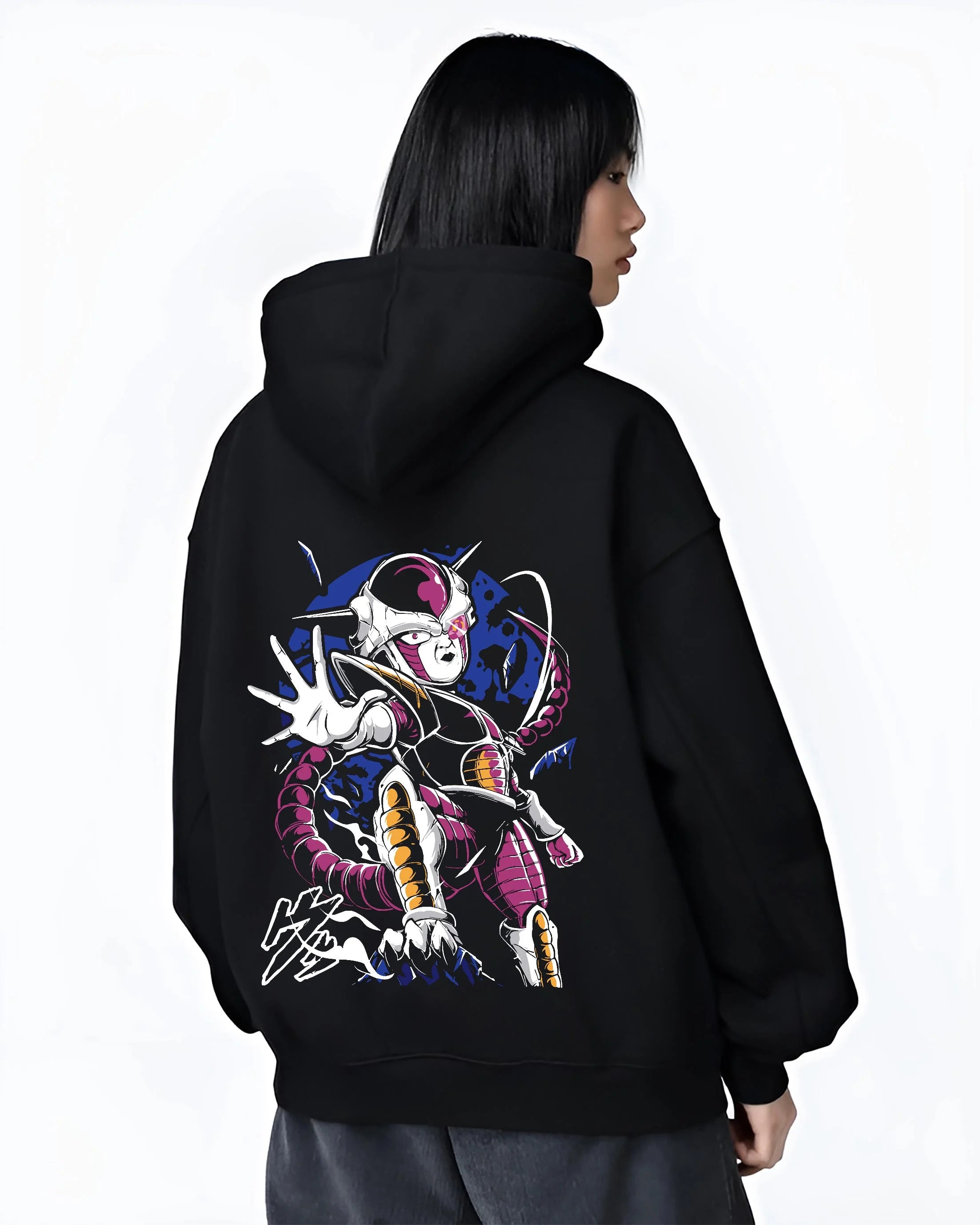Black hoodie worn by female model, back view with Frieza Hoodie Dragon Ball Z Final Form Energy Pose graphic Frieza anime design.