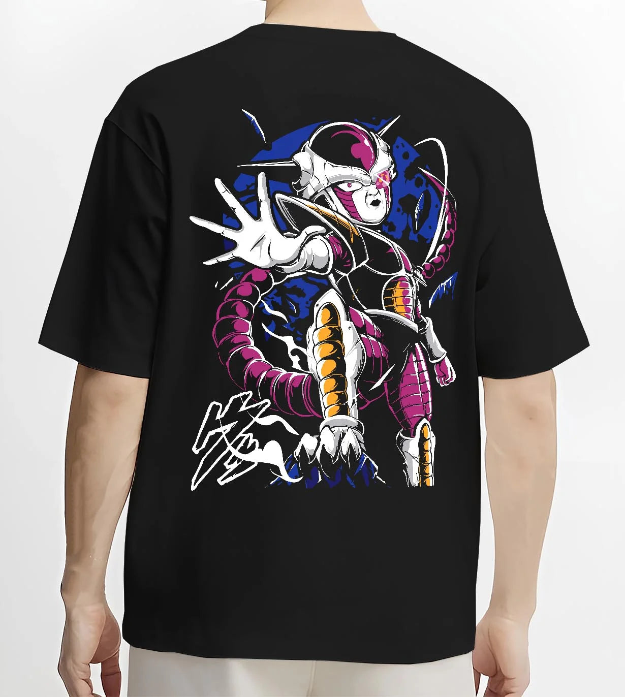 Black T-shirt worn by male model, back view with Frieza Hoodie Dragon Ball Z Final Form Energy Pose graphic premium wear.