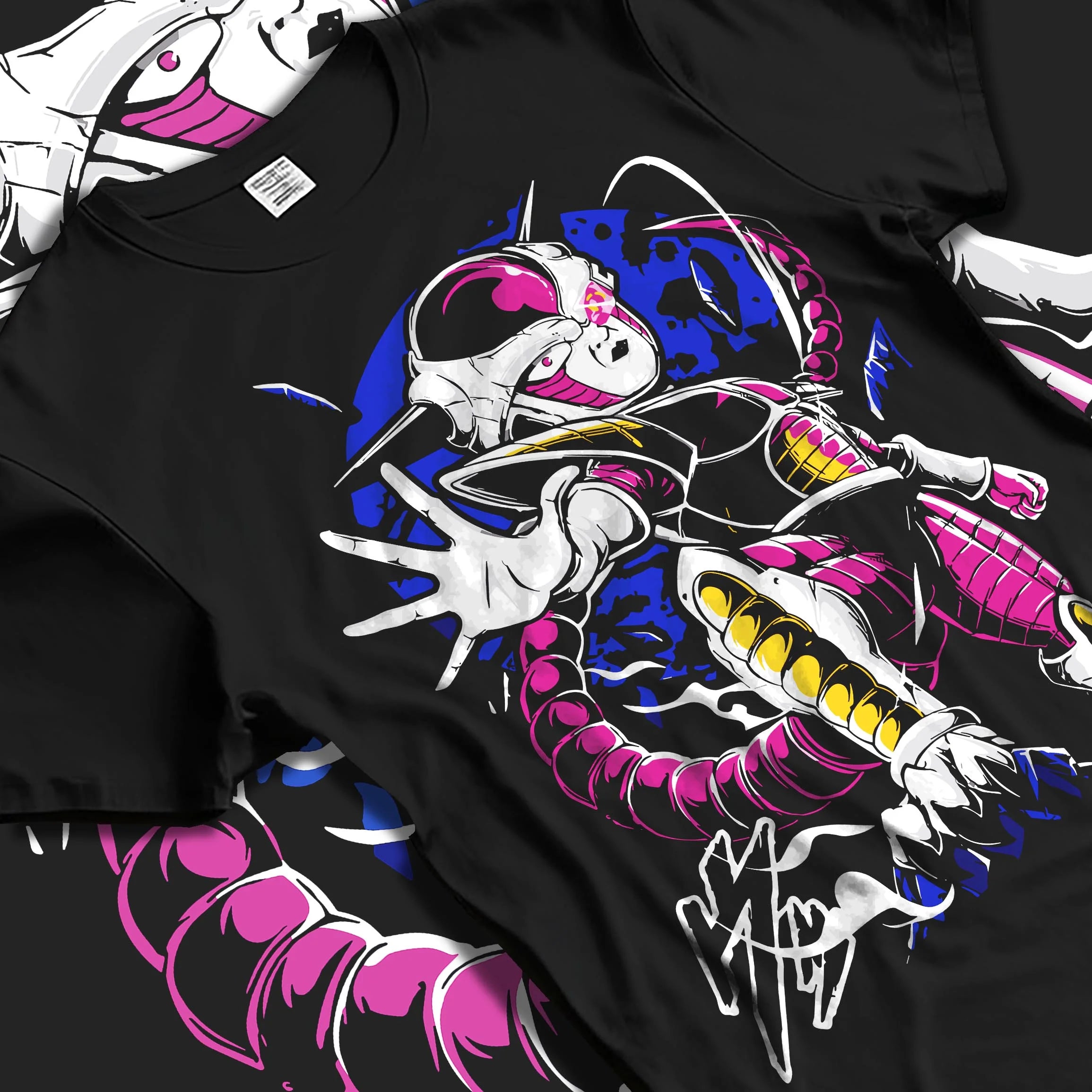 Black T-shirt laid flat with natural folds with Frieza Hoodie Dragon Ball Z Final Form Energy Pose graphic Frieza anime design.