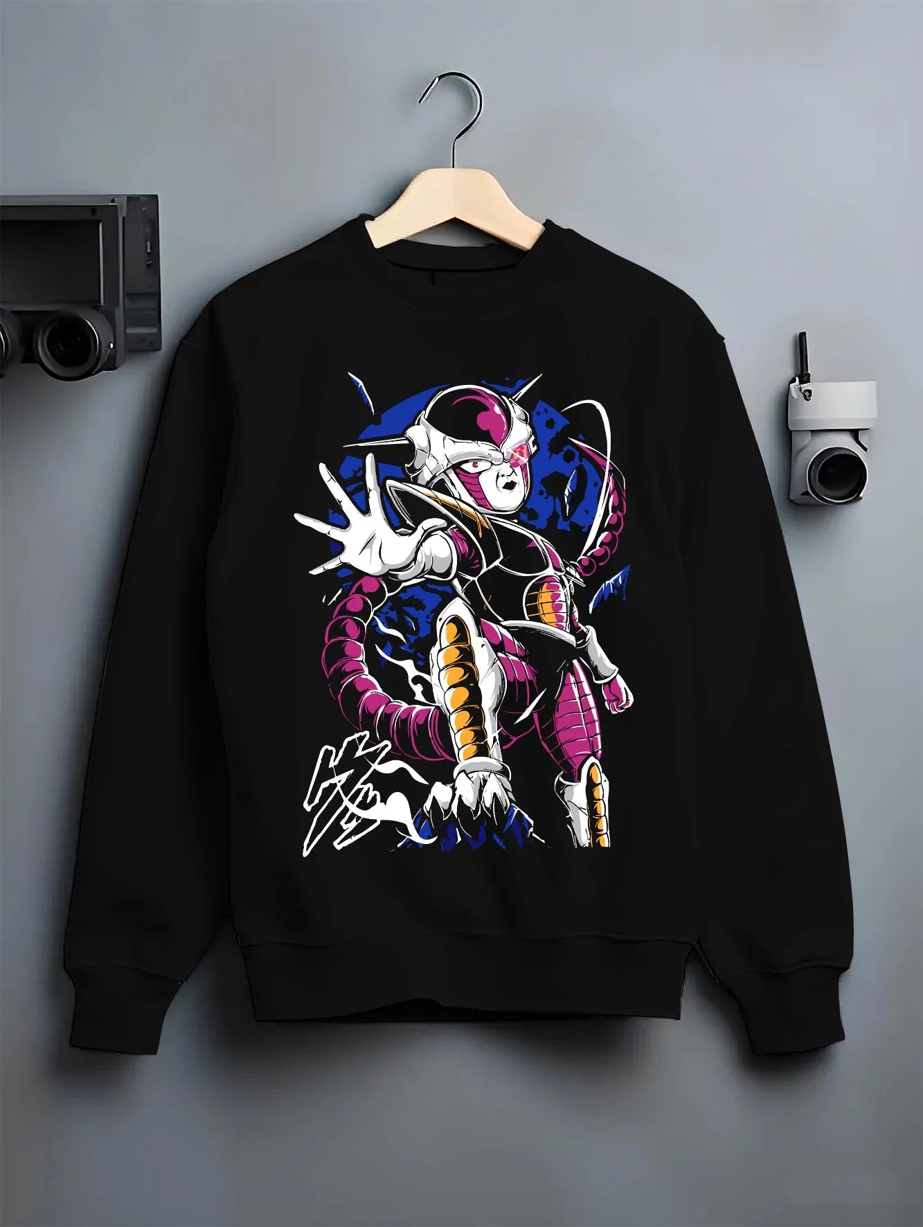 Black crewneck sweatshirt on hanger with Frieza Hoodie Dragon Ball Z Final Form Energy Pose graphic Frieza anime design.