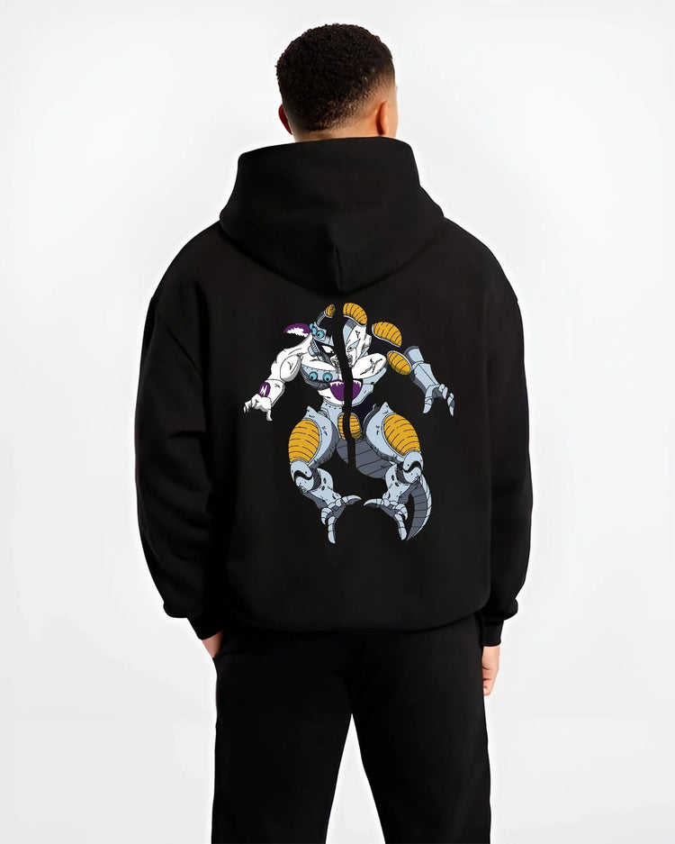Black hoodie worn by male model, back view with Frieza Hoodie Dragon Ball Z Mecha Cyborg Version graphic Frieza anime design.