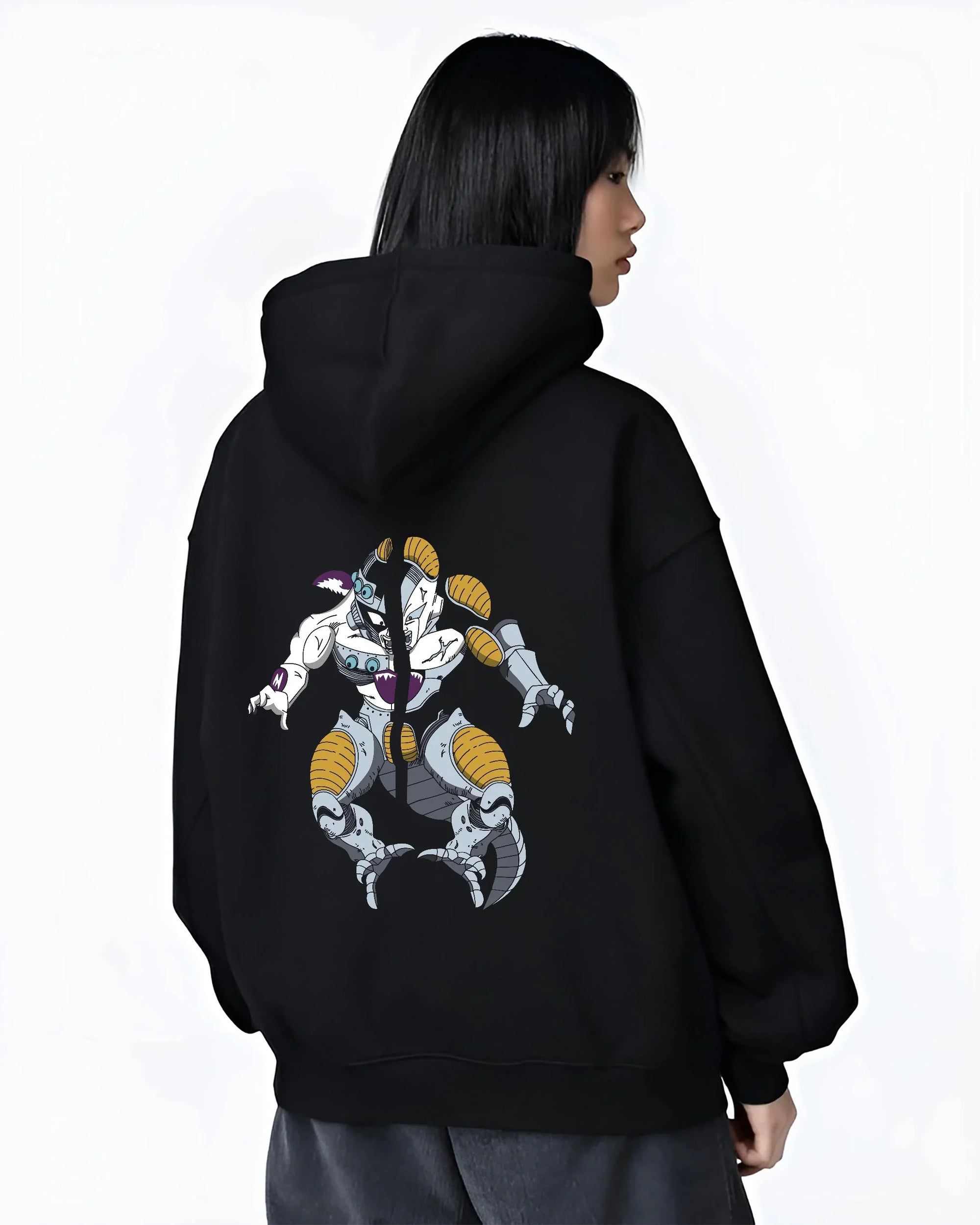 Black hoodie worn by female model, back view with Frieza Hoodie Dragon Ball Z Mecha Cyborg Version graphic premium wear.