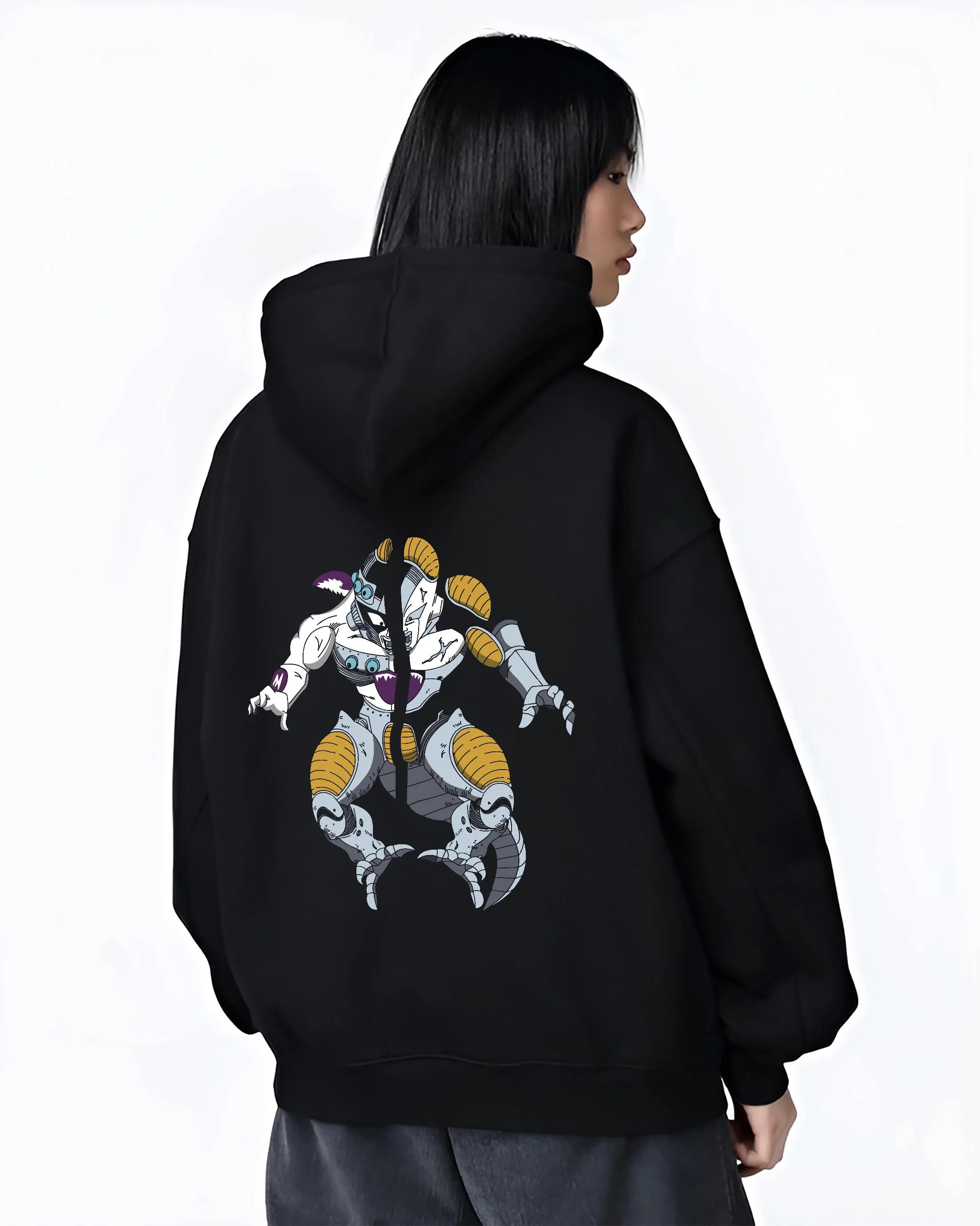 Black hoodie worn by female model, back view with Frieza Hoodie Dragon Ball Z Mecha Cyborg Version graphic premium wear.