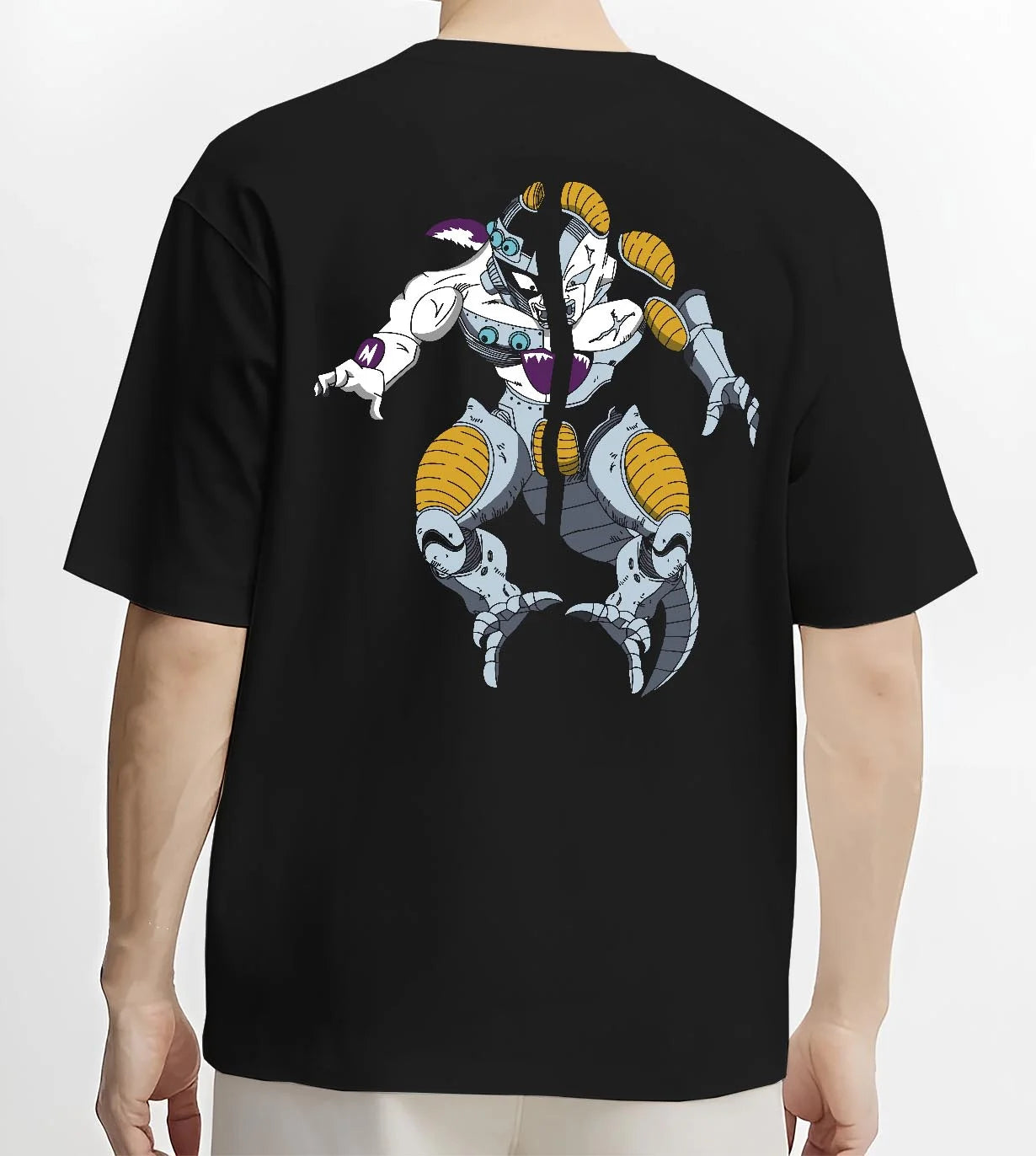 Black T-shirt worn by male model, back view with Frieza Hoodie Dragon Ball Z Mecha Cyborg Version graphic premium wear.