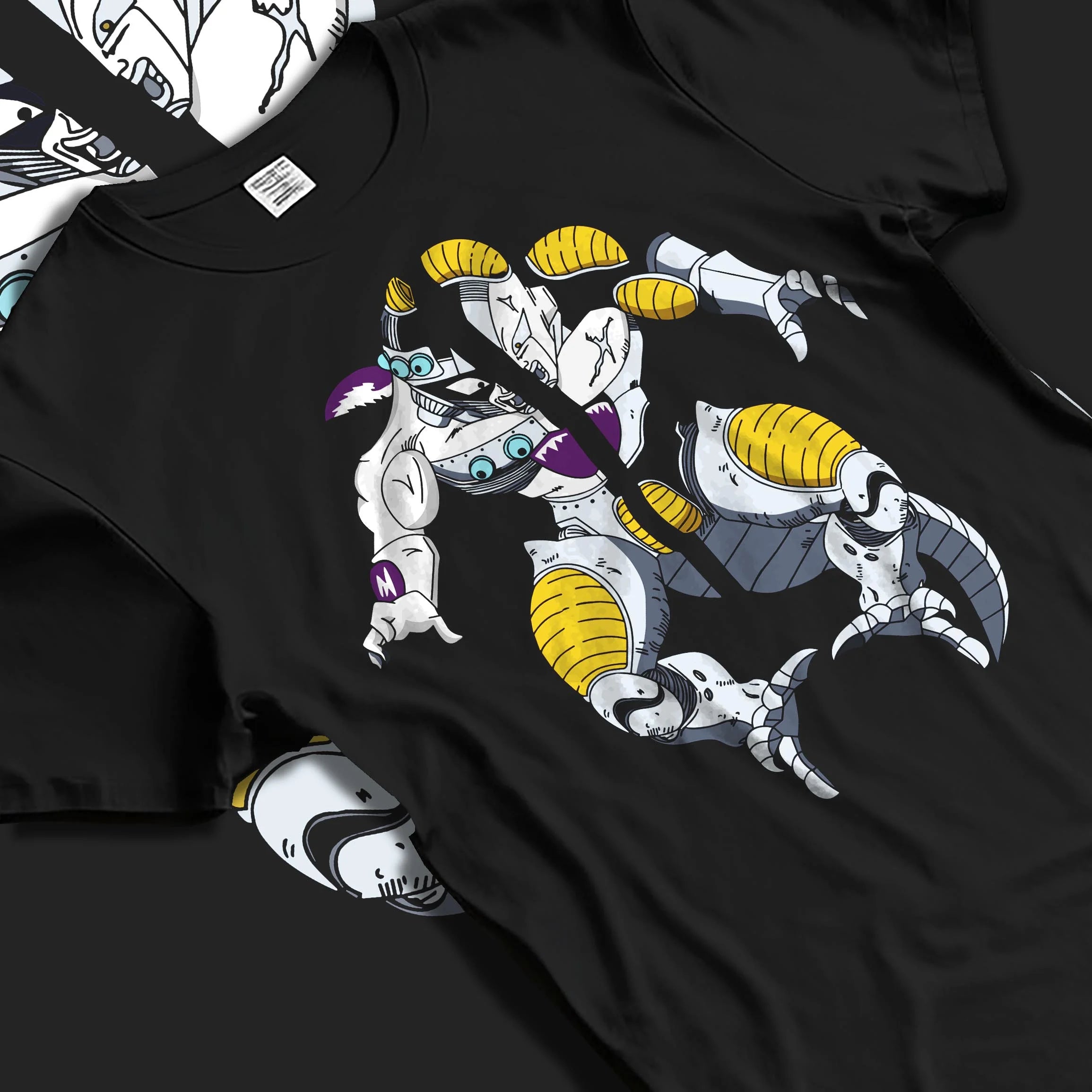 Black T-shirt laid flat with natural folds with Frieza Hoodie Dragon Ball Z Mecha Cyborg Version graphic Frieza anime design.